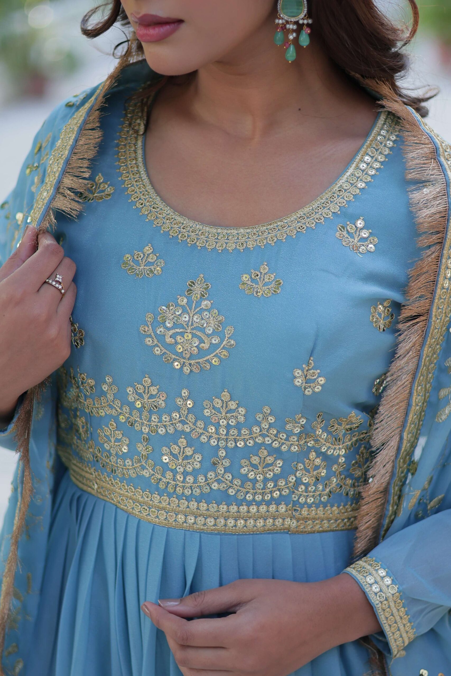 Sky Star Georgette Fully Flared Gown with Sequins Embroidered Dupatta & Lace Border