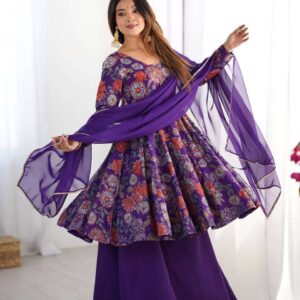 Women's Pure Romansilk Chanderi Printed Anarkali Kurti With Palazzo & Dupatta Set