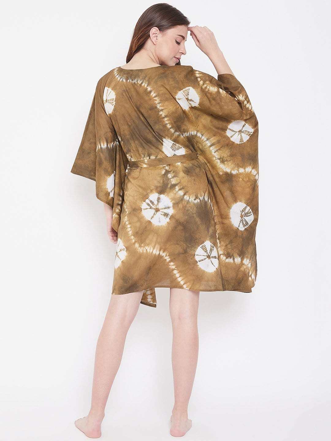 Women's Cotton Tie Dye Print Knee Length Kaftan Drees Beach Cover Up, Spring Casual Wear ( Brown ) - Image 4