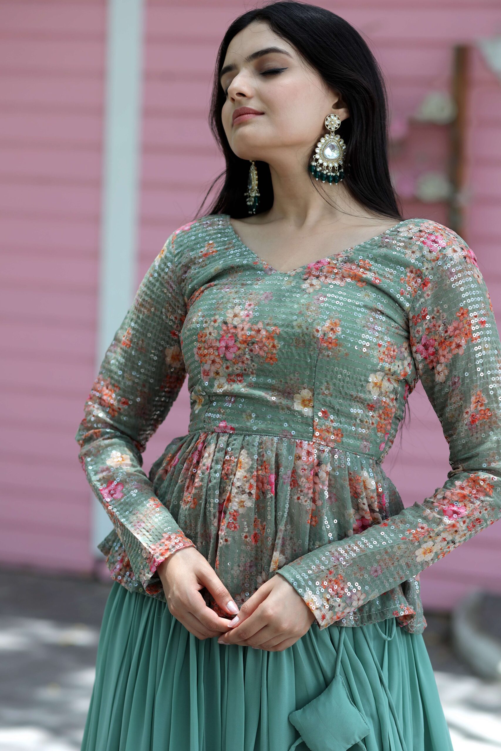 Premium Faux Georgette Lehenga with Floral Print & Sequins Embroidered Blouse - Image 5