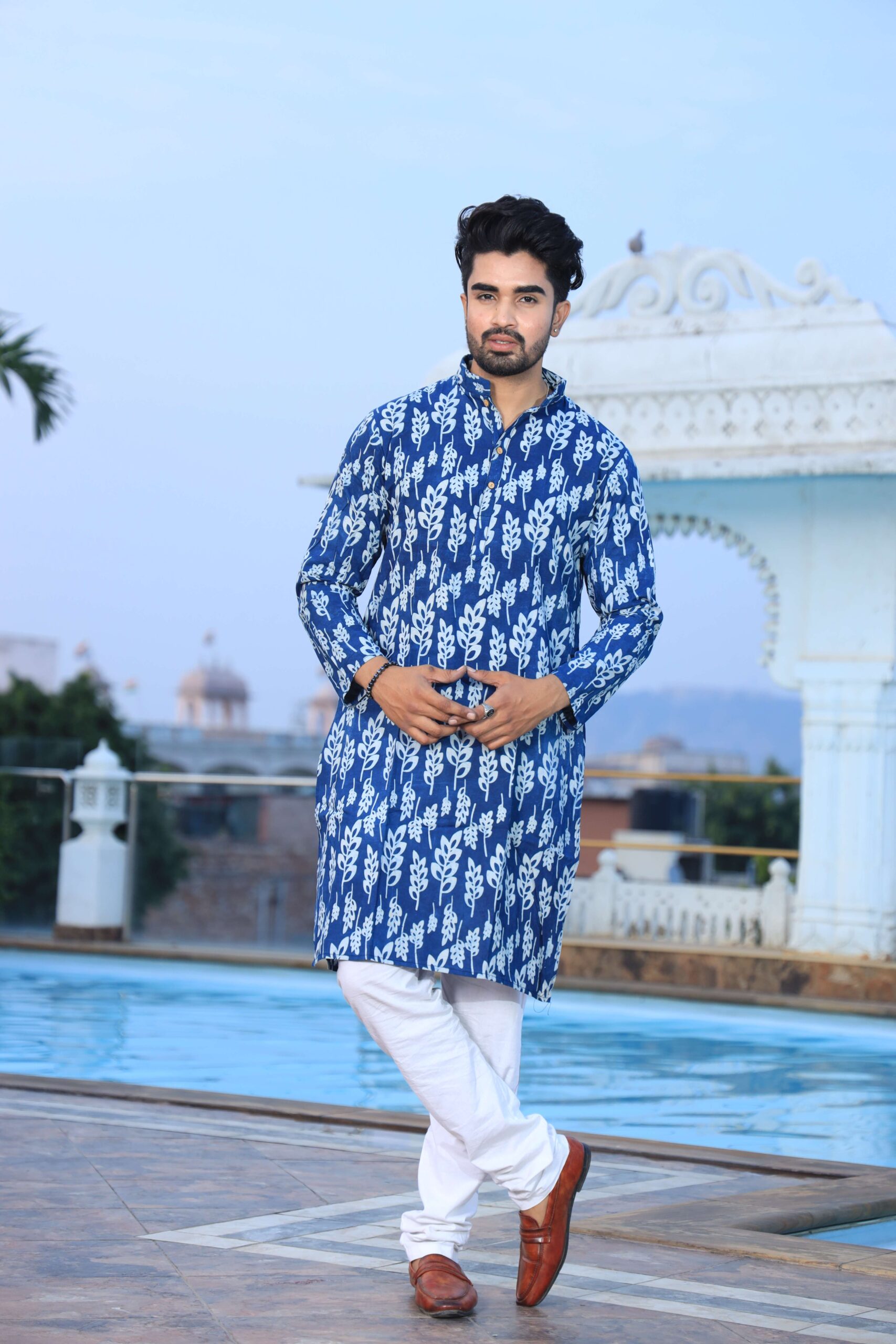 Mens Blue Printed Cotton Kurta with White Pajama ? Elegant Traditional & Ethnic Wear