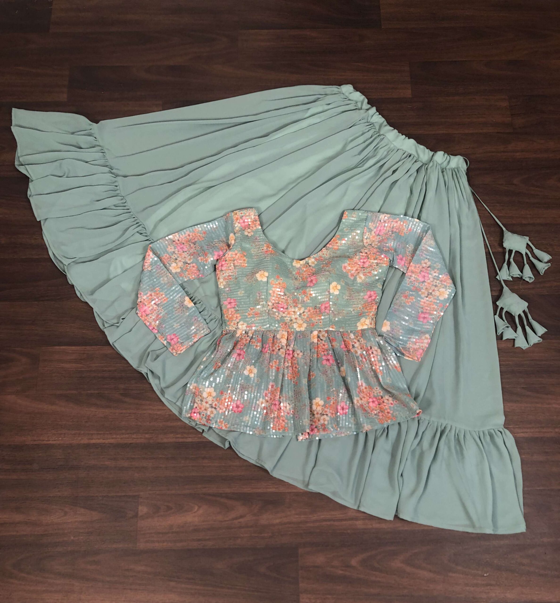 Premium Faux Georgette Lehenga with Floral Print & Sequins Embroidered Blouse - Image 3