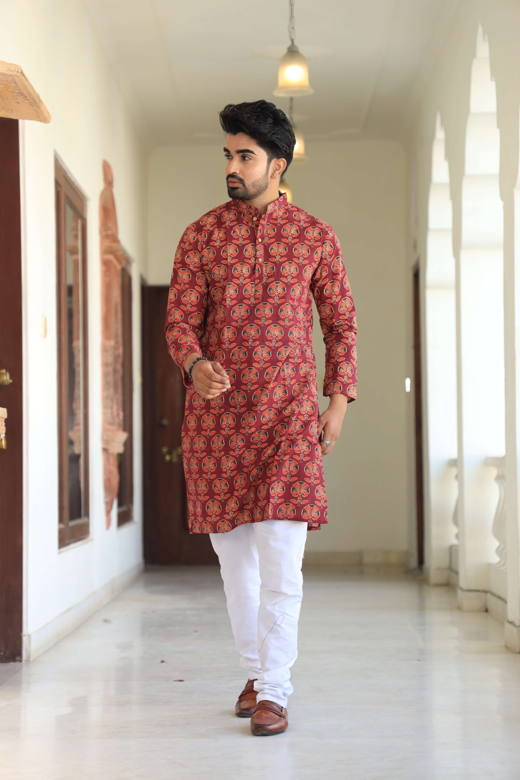 Mens Red Printed Cotton Kurta with White Pajama ? Ethnic Wear for Weddings & Festivals - Image 3