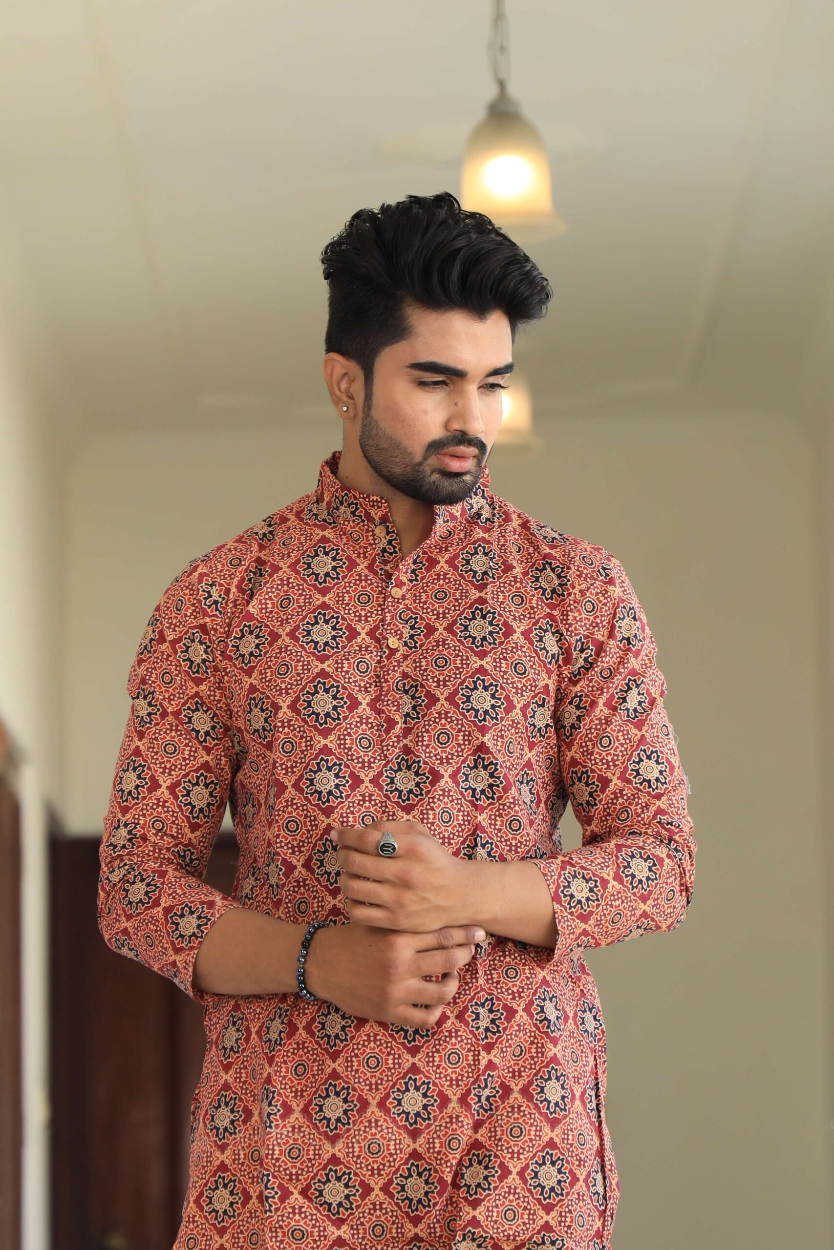 Mens Red Printed Cotton Kurta with White Pajama ? Ethnic Wear for Weddings & Festivals - Image 4