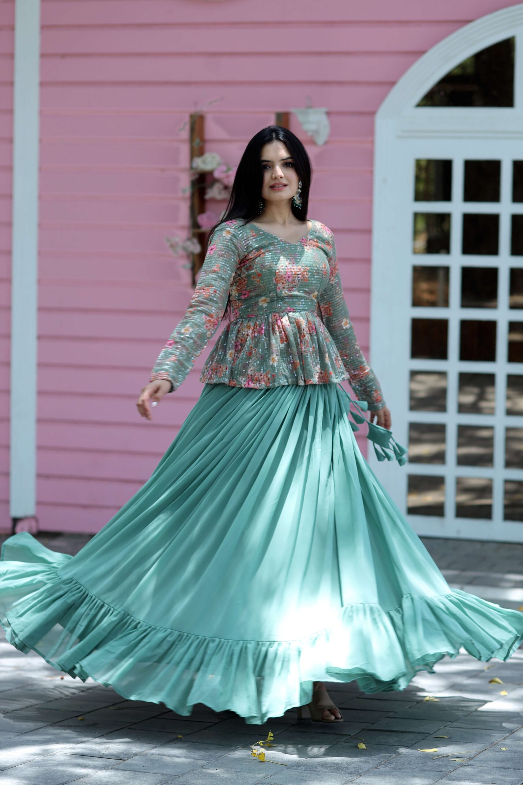 Premium Faux Georgette Lehenga with Floral Print & Sequins Embroidered Blouse - Image 3