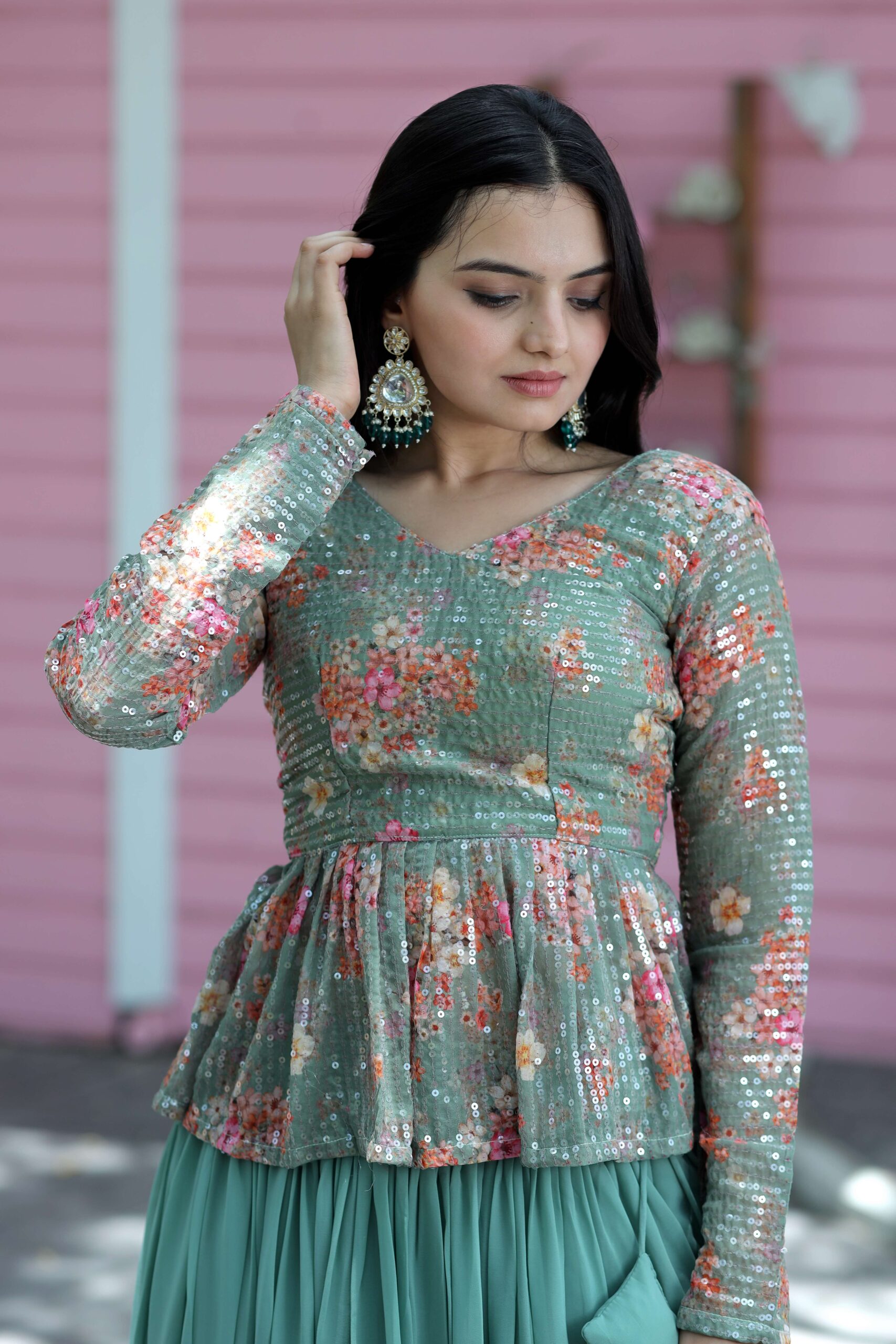 Premium Faux Georgette Lehenga with Floral Print & Sequins Embroidered Blouse - Image 7