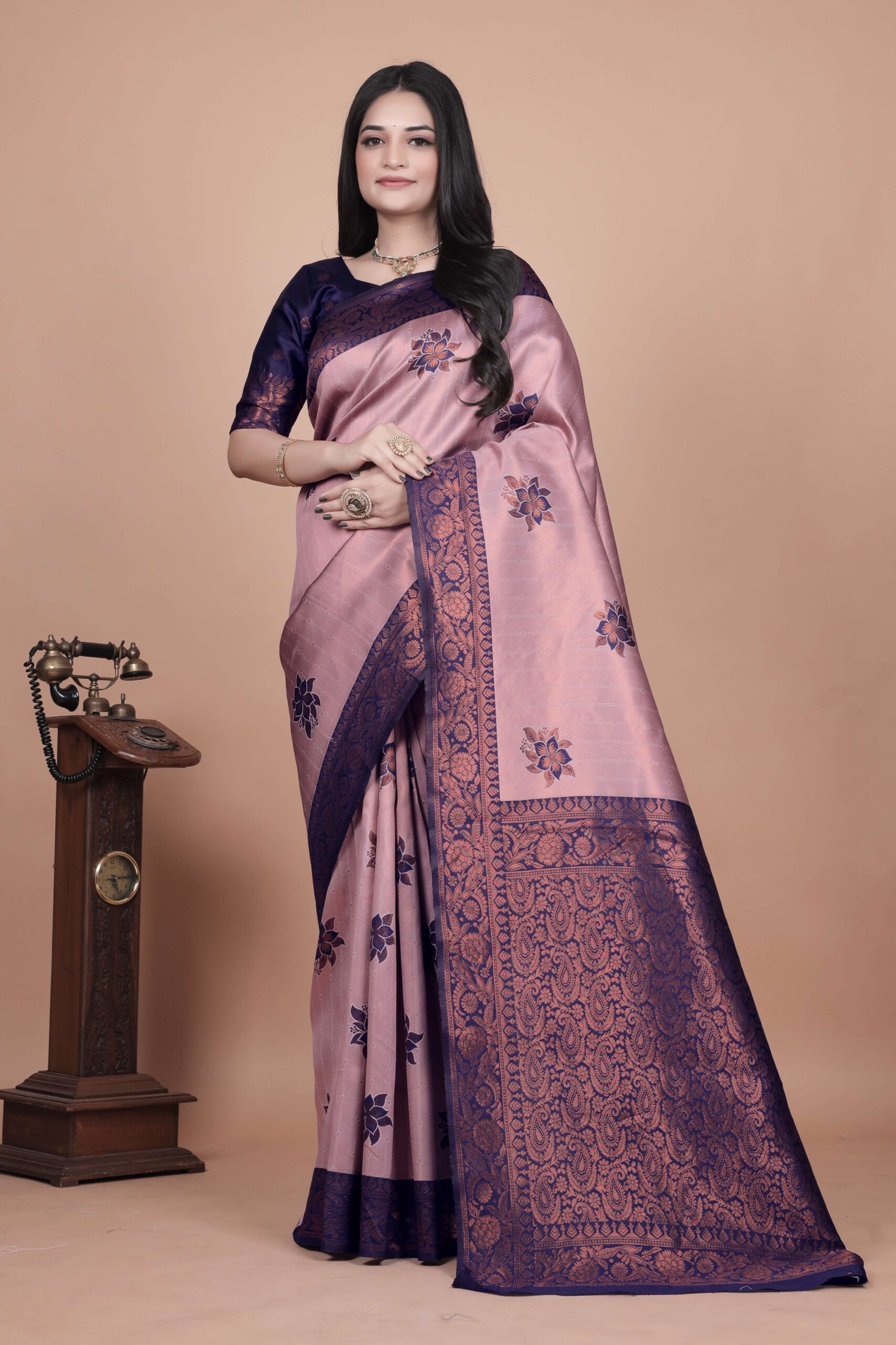 Mauve & Midnight Blue Banarasi Silk Saree with Copper Zari Lotus Motifs | Festive & Wedding Wear | Elegant Traditional Saree