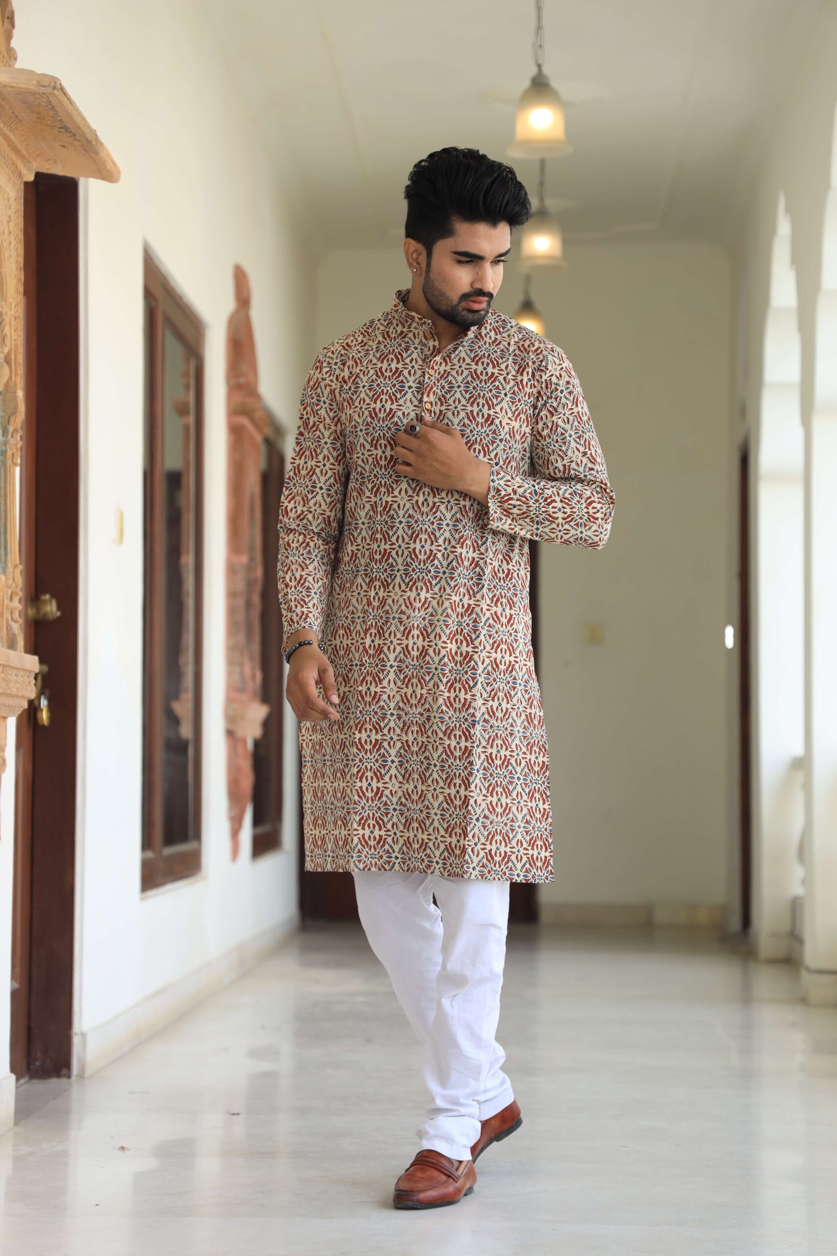 Mens Beige Multicolor Printed Cotton Kurta with White Pajama ? Traditional Ethnic Wear for Festive & Wedding