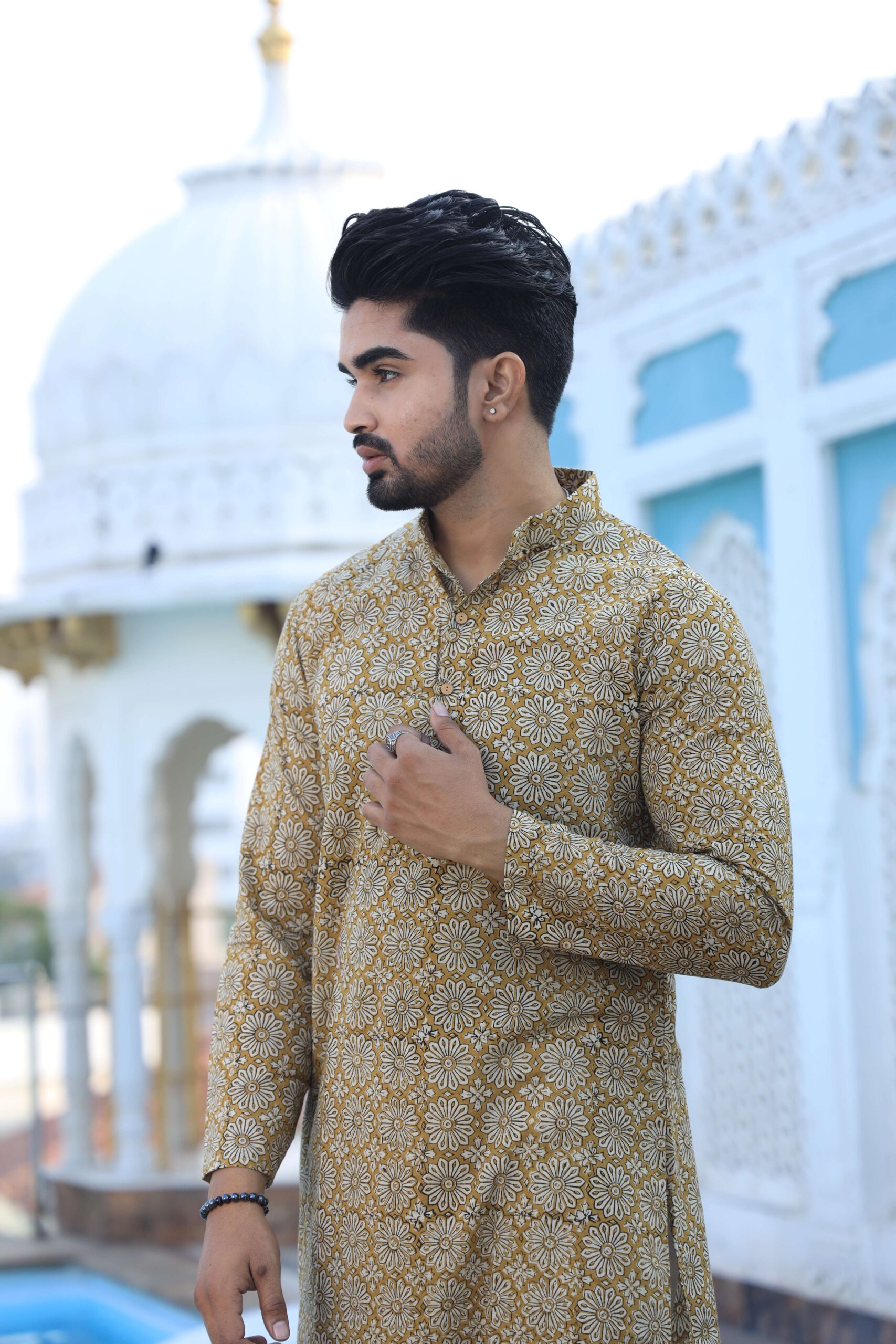 Mens Mustard Yellow Handblock Printed Cotton Kurta with White Pajama ? Traditional Festive Wear - Image 2