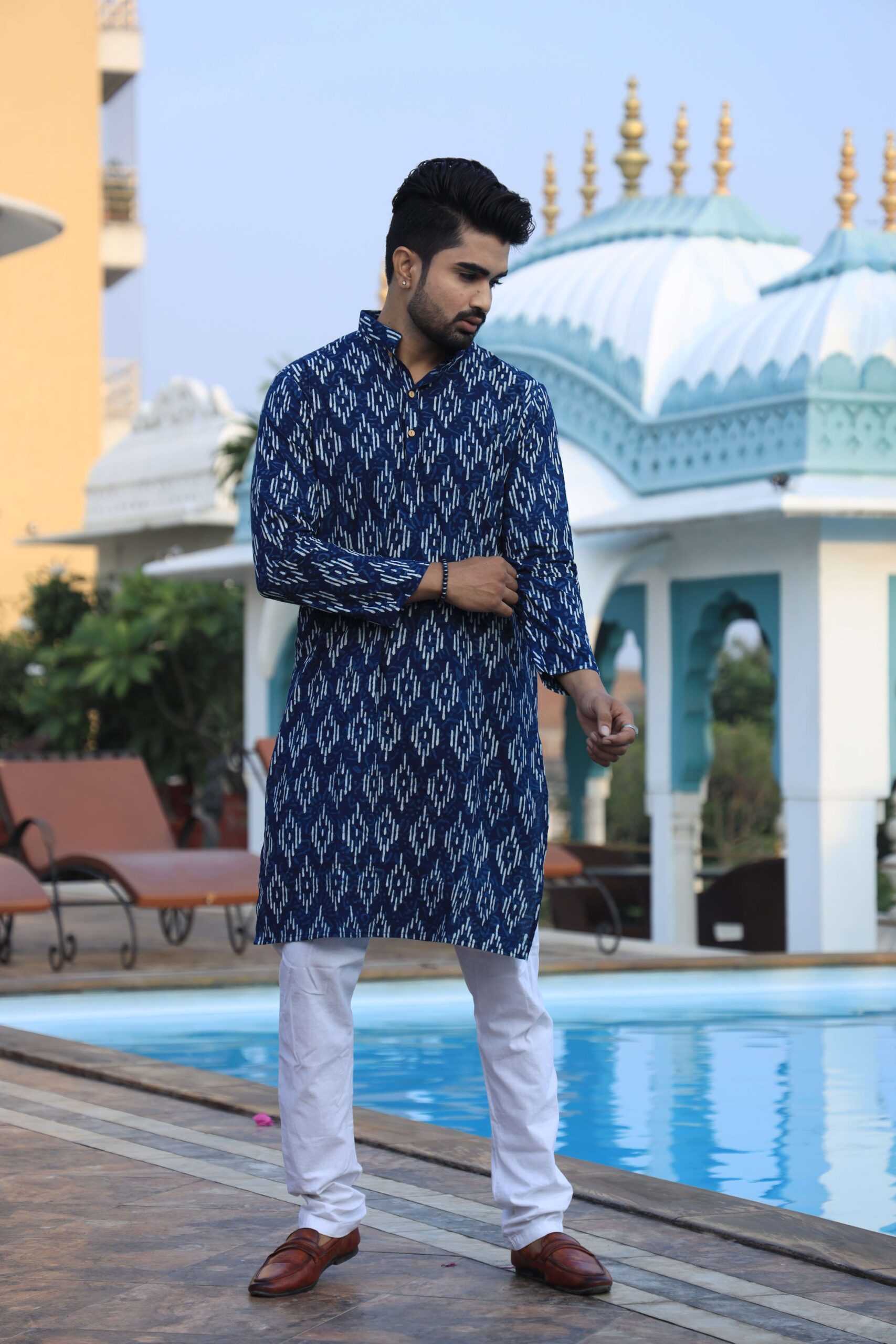 Mens Blue Printed Cotton Kurta with White Pajama ? Elegant Traditional & Ethnic Wear
