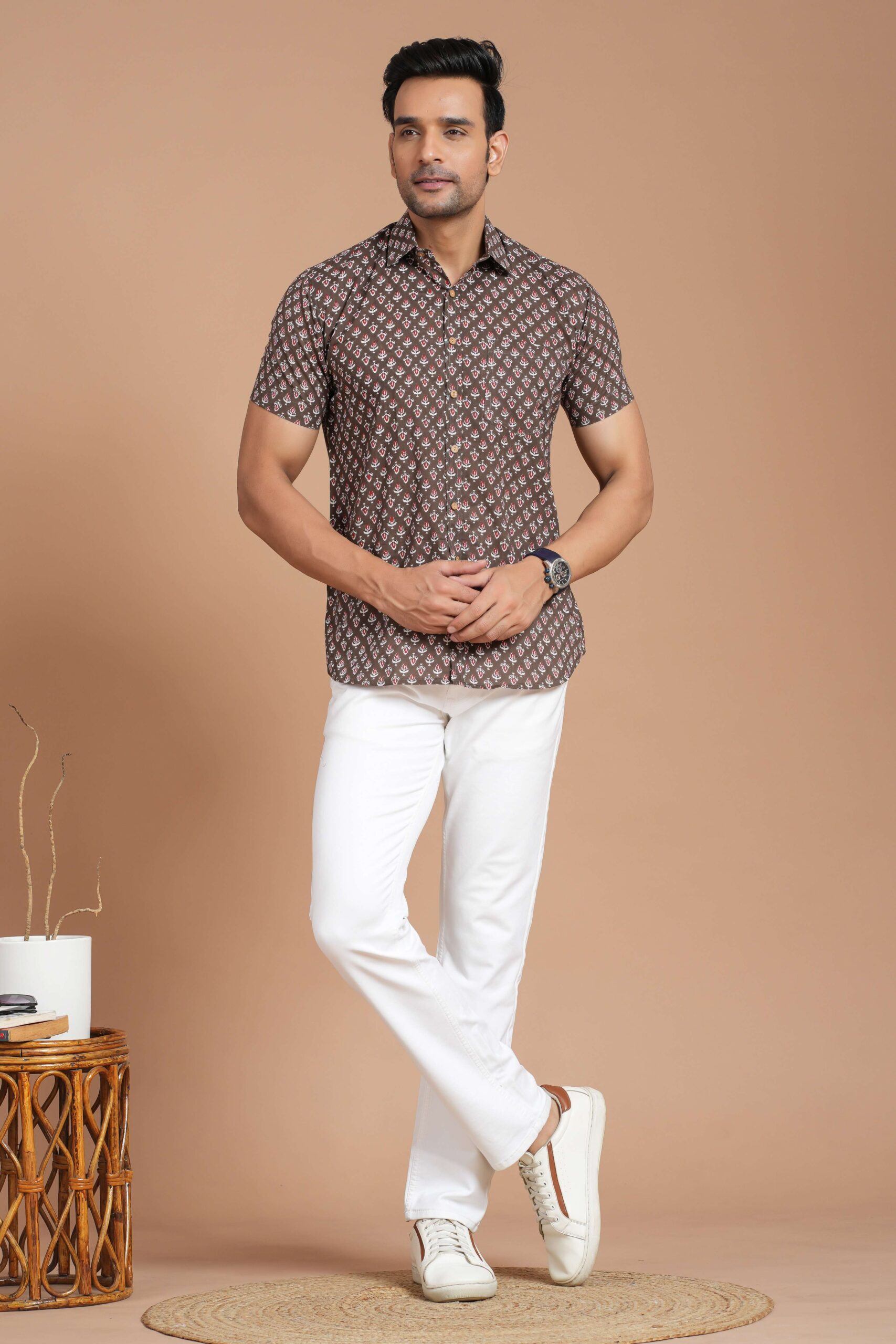 Men's Cotton Brown Printed Short-Sleeve Shirt ? Casual & Daily Summer Wear - Image 2
