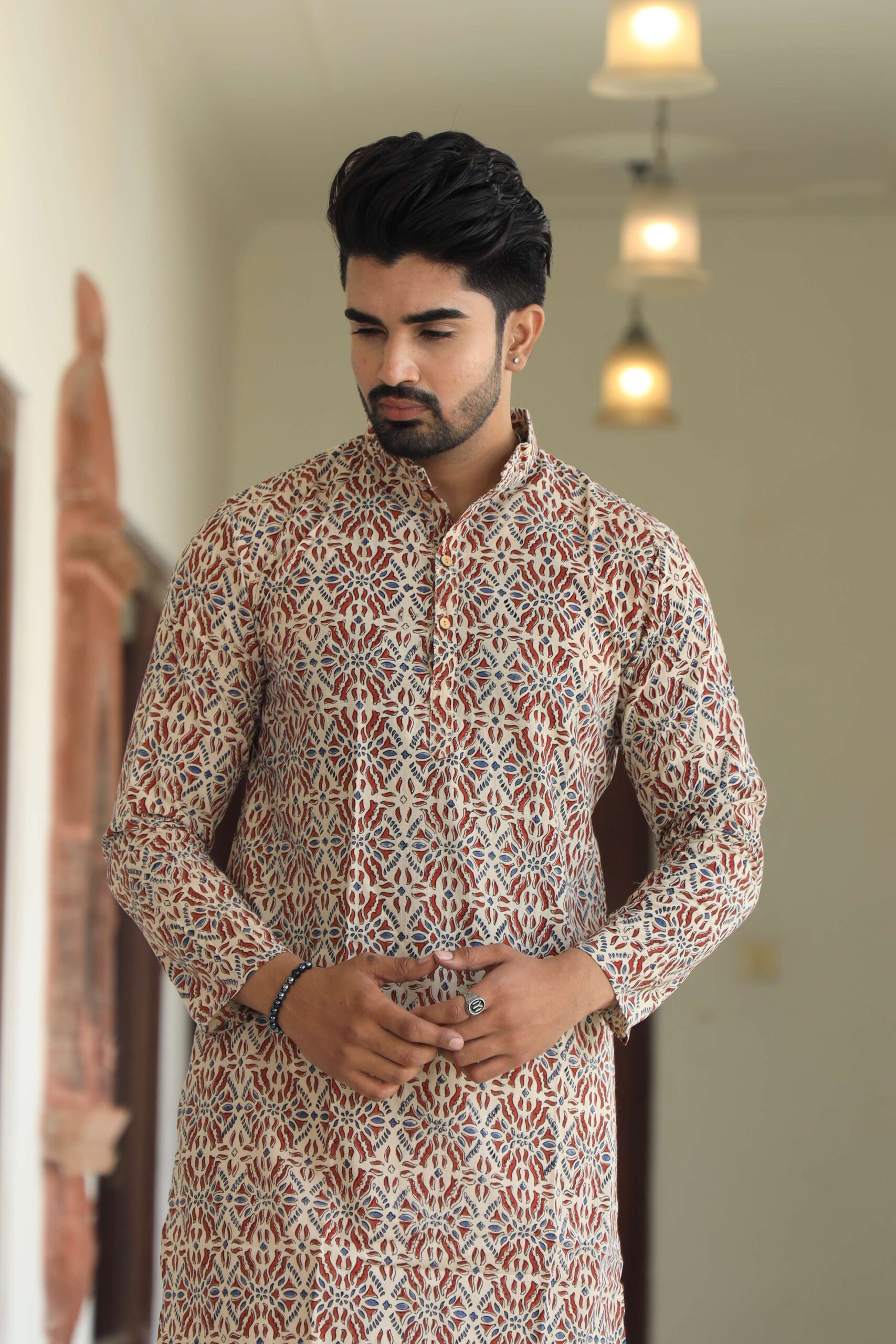 Mens Beige Multicolor Printed Cotton Kurta with White Pajama ? Traditional Ethnic Wear for Festive & Wedding - Image 4