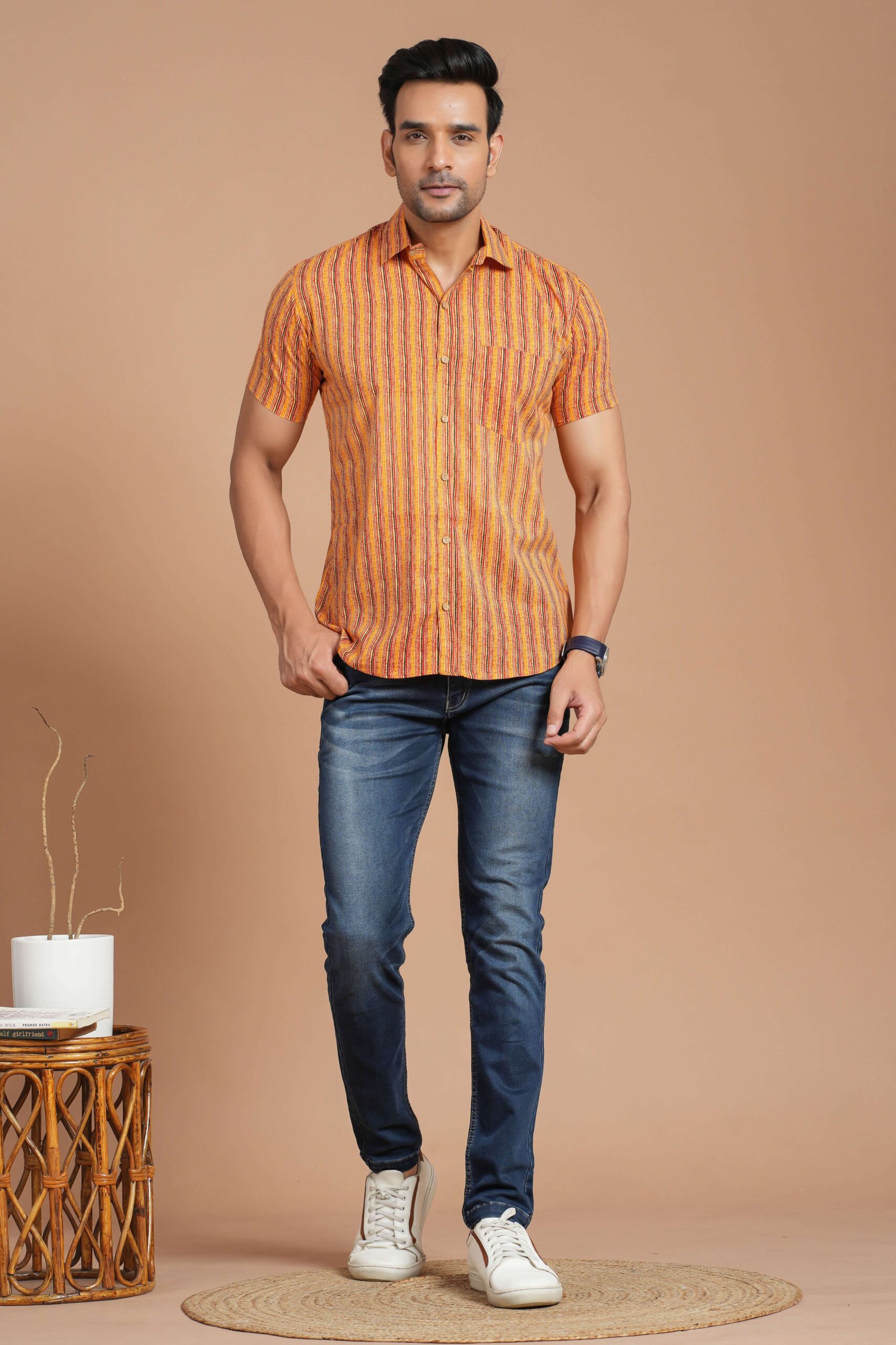 Men's Bright Orange Striped Printed Cotton Short-Sleeve Shirt ? Casual Summer Wear