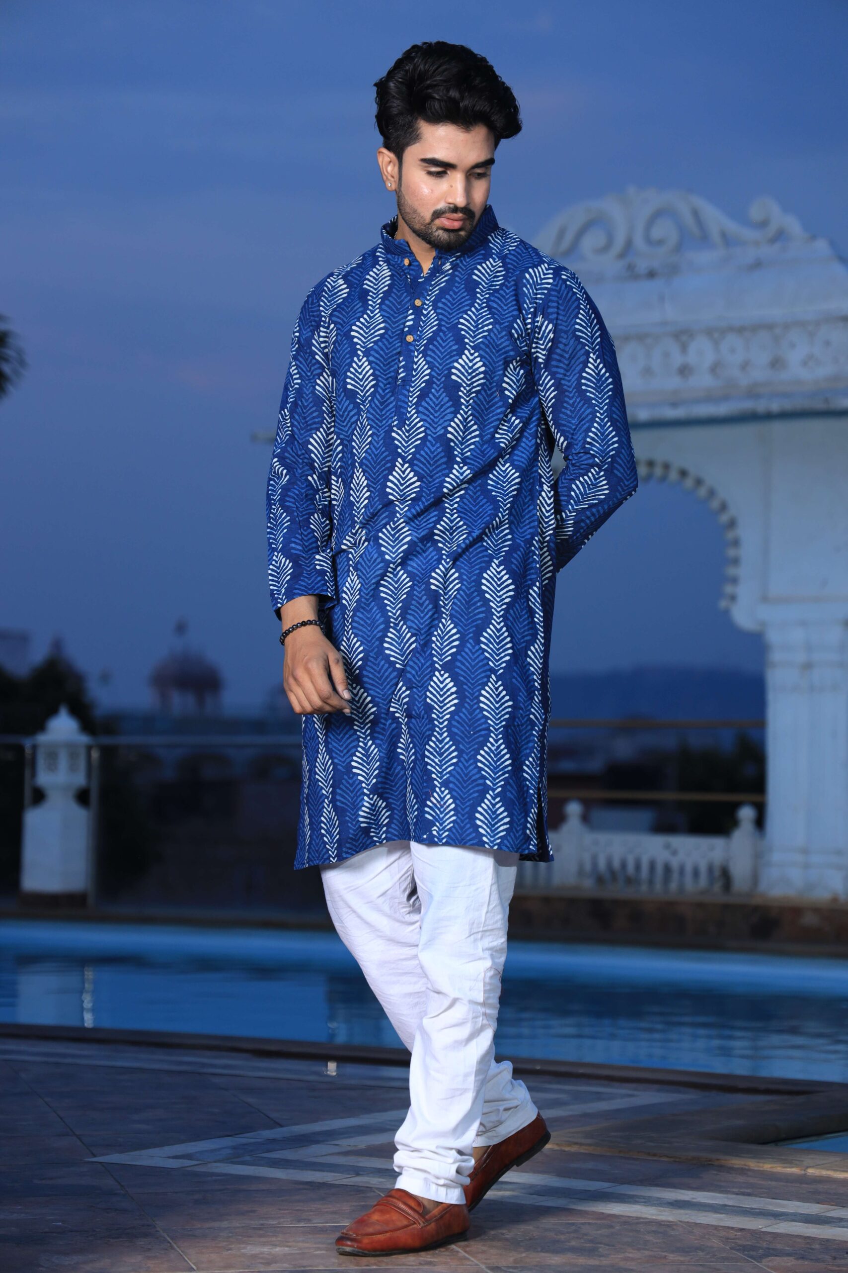 Mens Blue Handblock Printed Cotton Kurta with White Pajama ? Stylish Ethnic & Festive Wear - Image 4