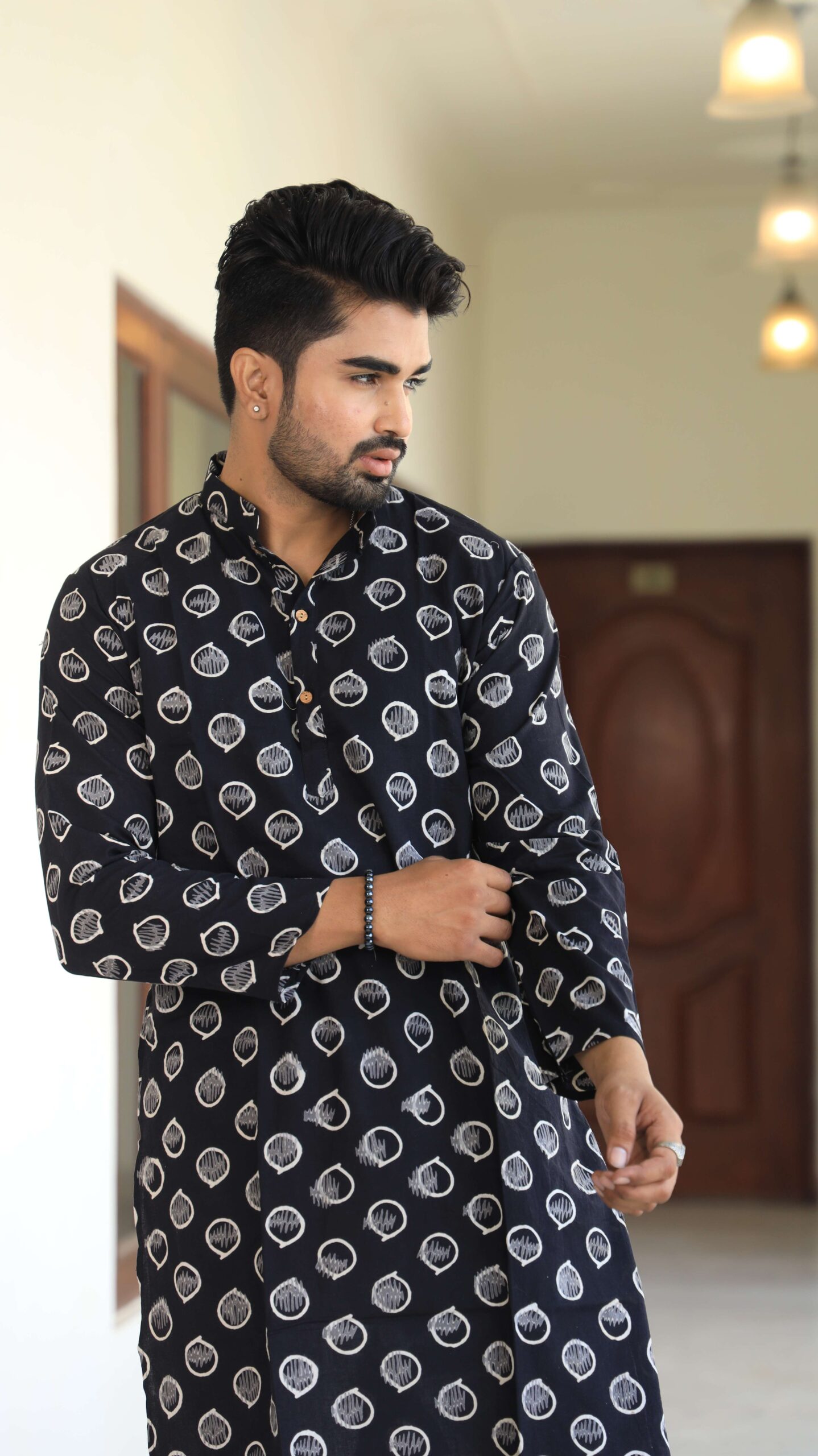 Mens Black Printed Cotton Kurta with White Pajama ? Traditional Ethnic Wear for Festive & Wedding - Image 4