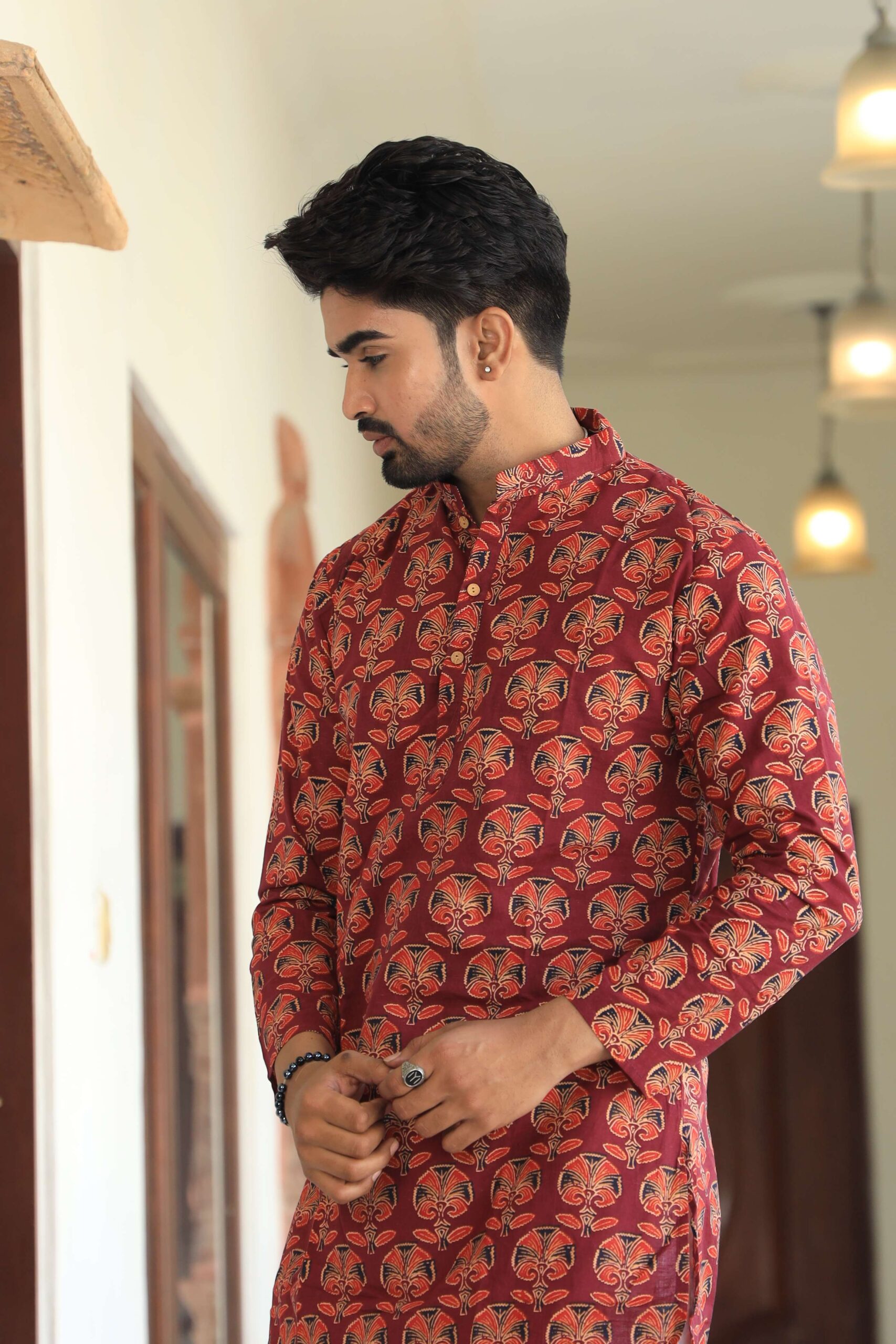 Mens Red Printed Cotton Kurta with White Pajama ? Ethnic Wear for Weddings & Festivals - Image 5