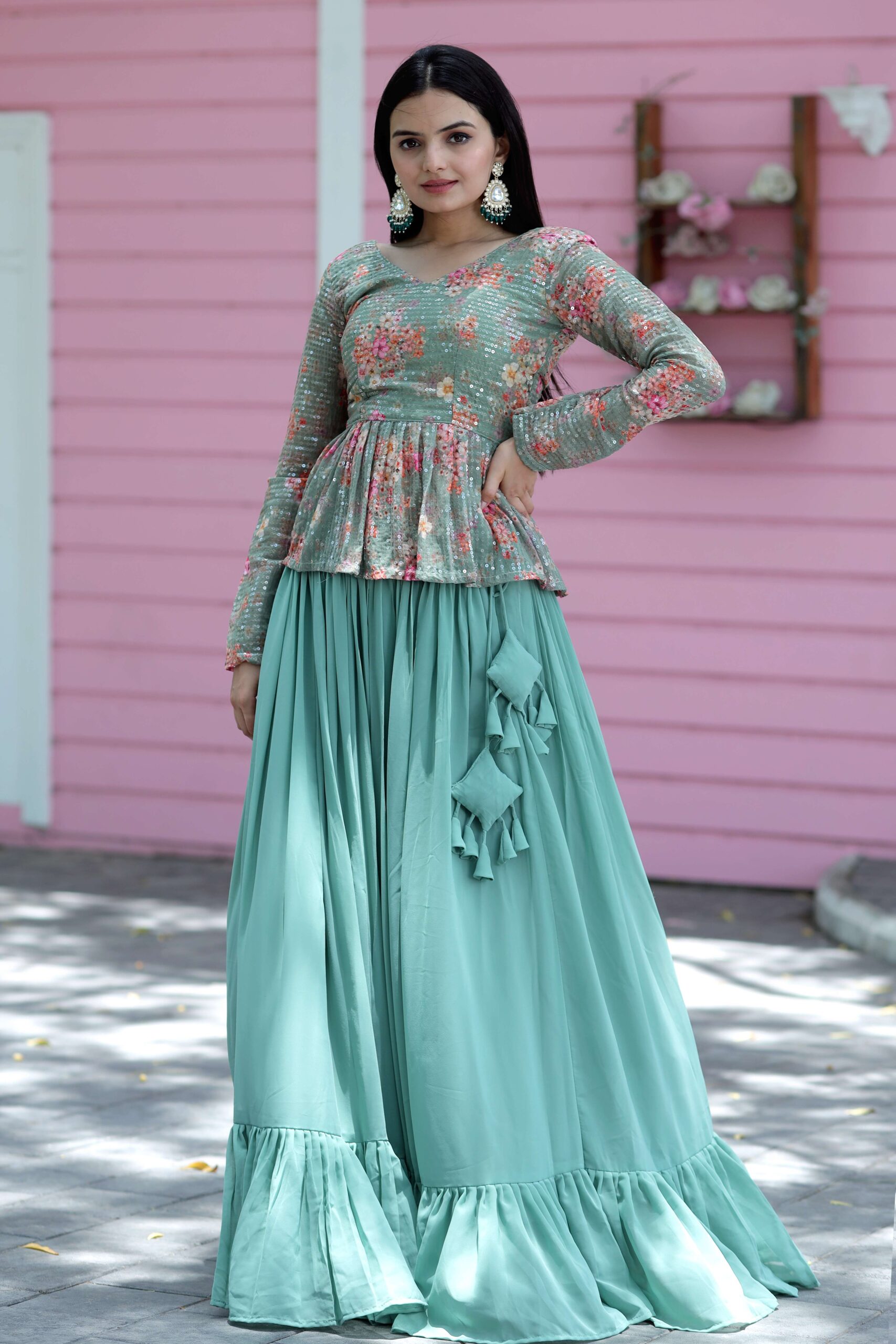 Premium Faux Georgette Lehenga with Floral Print & Sequins Embroidered Blouse - Image 4
