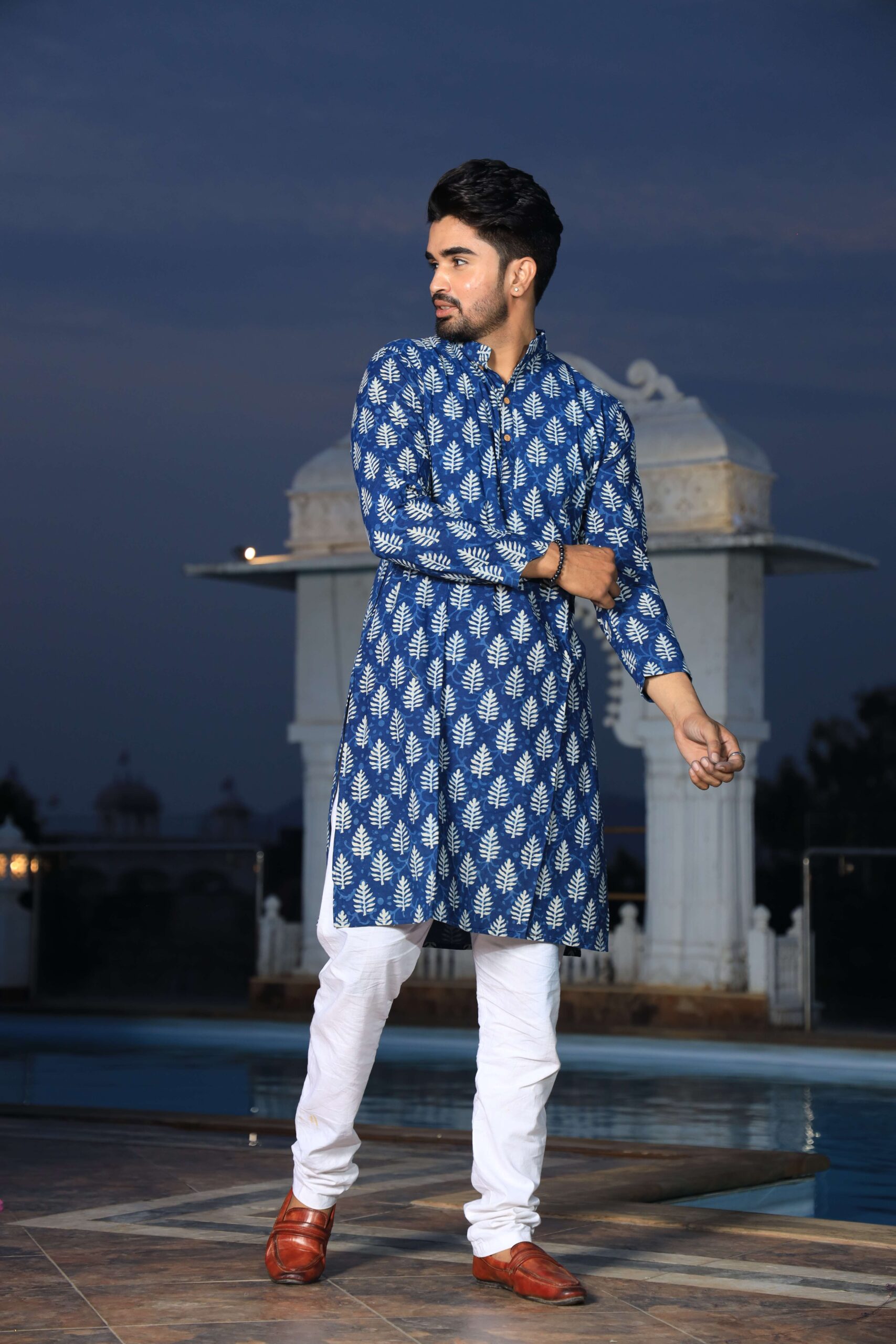 Mens Blue Printed Cotton Kurta with White Pajama ? Elegant Traditional & Ethnic Wear - Image 3