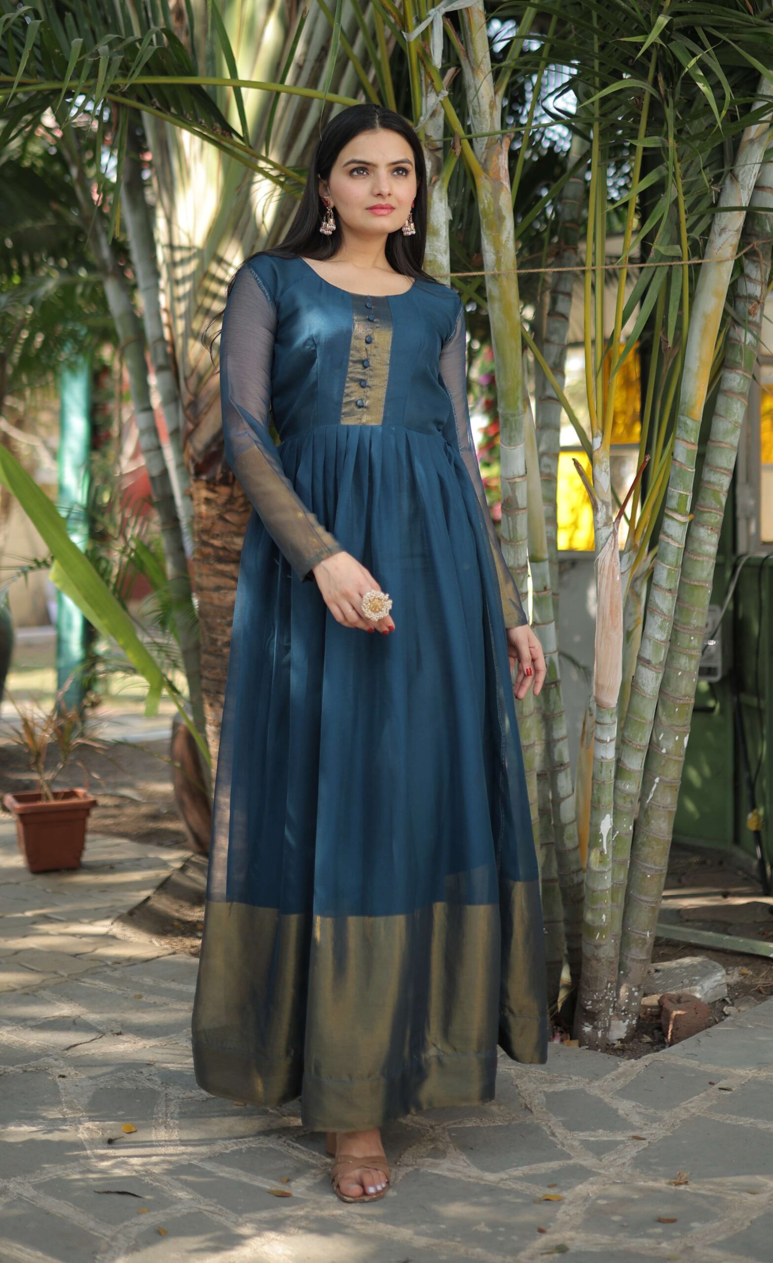 Rama Elegant Chiffon Designer Gown with Golden Zari Patta ? Premium Ready-to-Wear Dress - Image 4