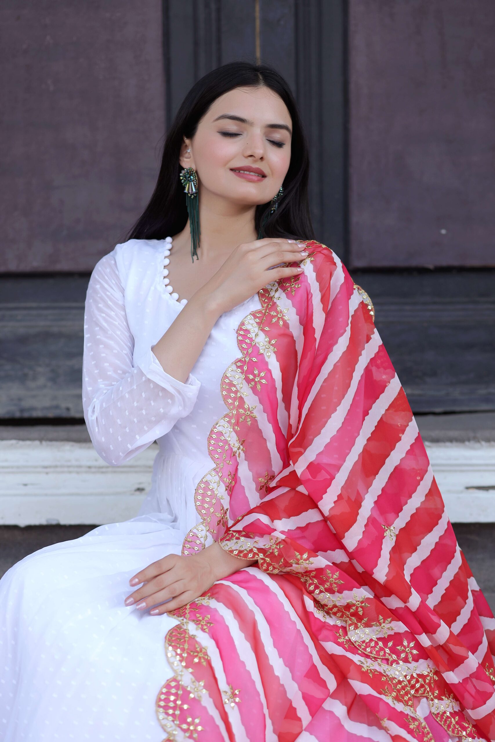 Elegant Pink Georgette Gown with Organza Dupatta ? Designer Kalamkari & Leheriya Print Ensemble - Image 3