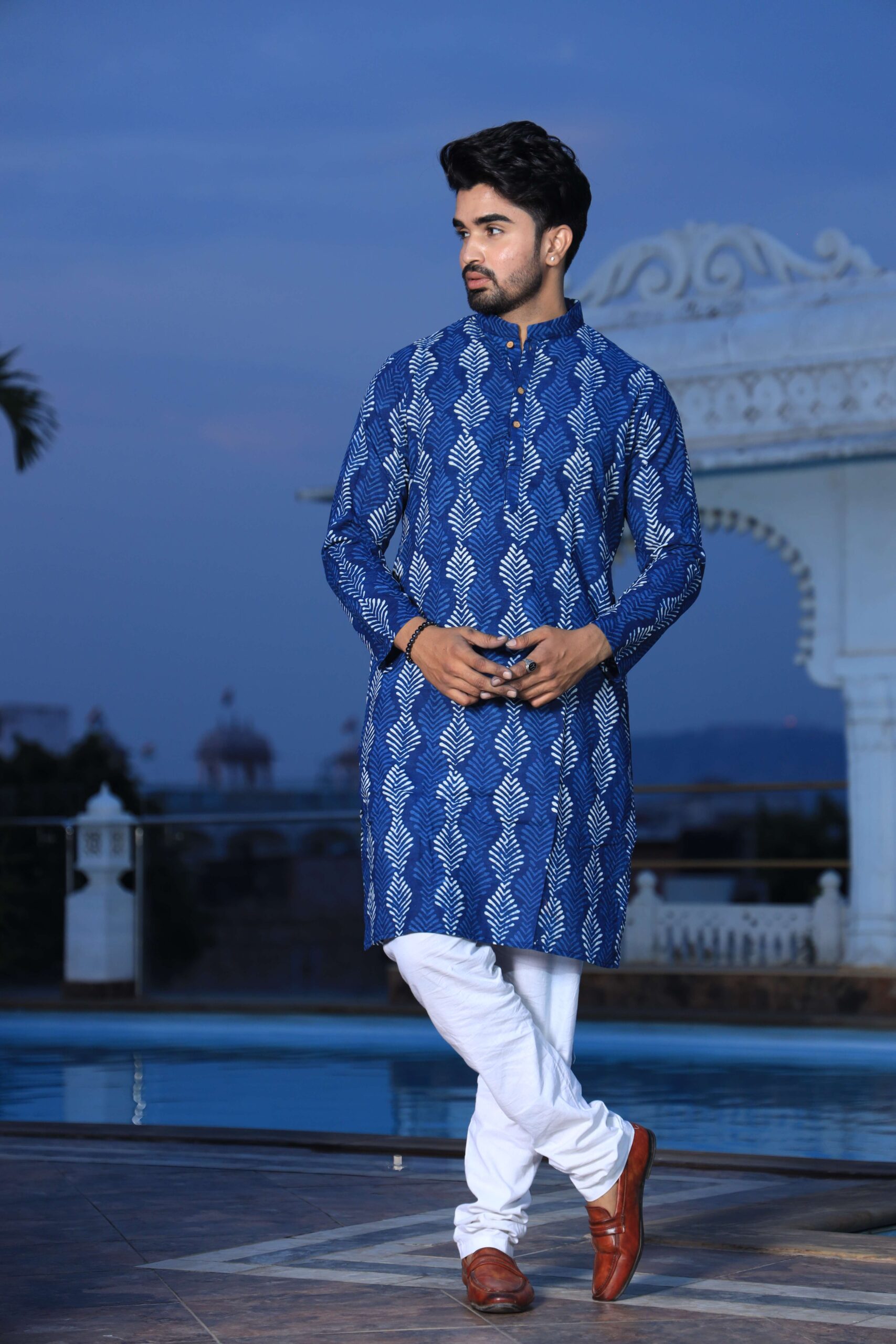 Mens Blue Handblock Printed Cotton Kurta with White Pajama ? Stylish Ethnic & Festive Wear