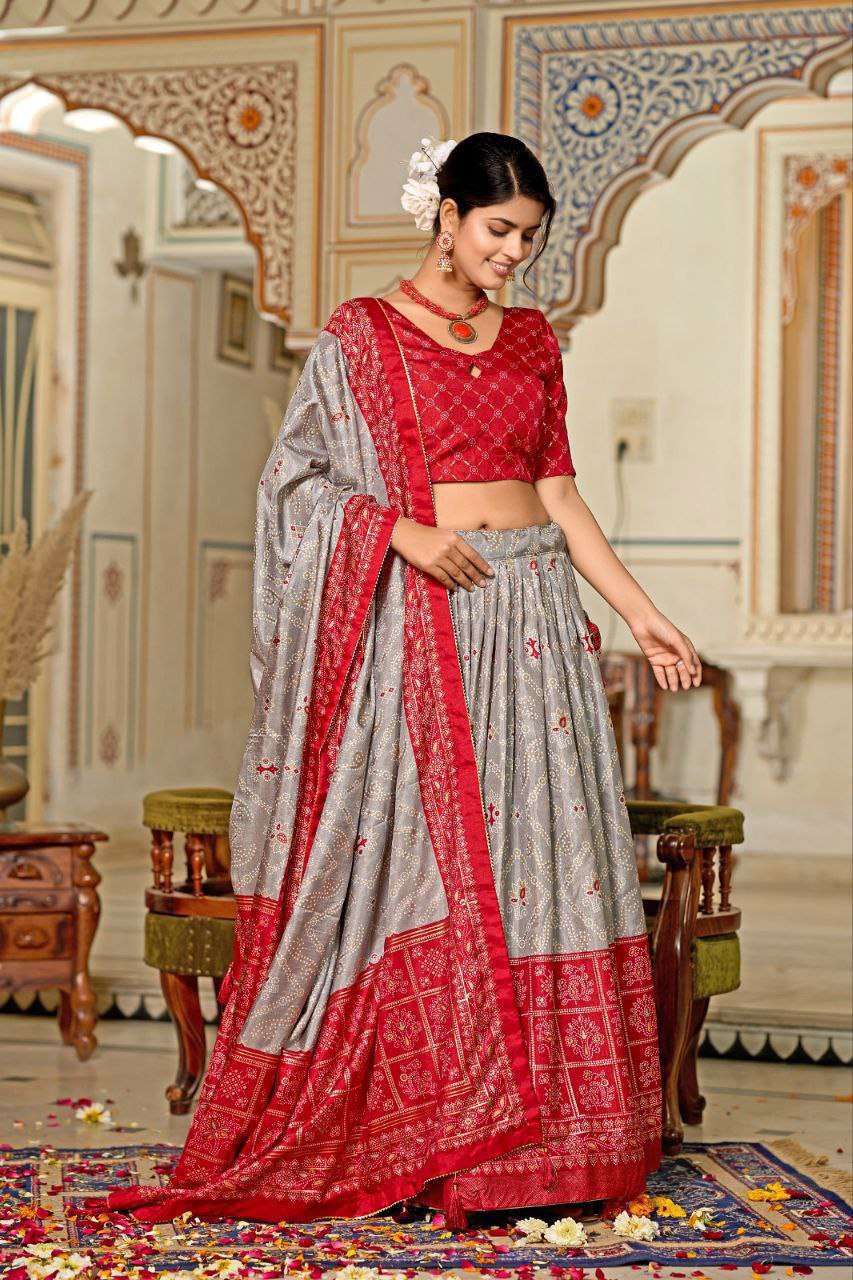 Grey Dola Silk Lehenga Choli with Red Blouse & Minakari Foil Print | Wedding & Party Wear - Image 3