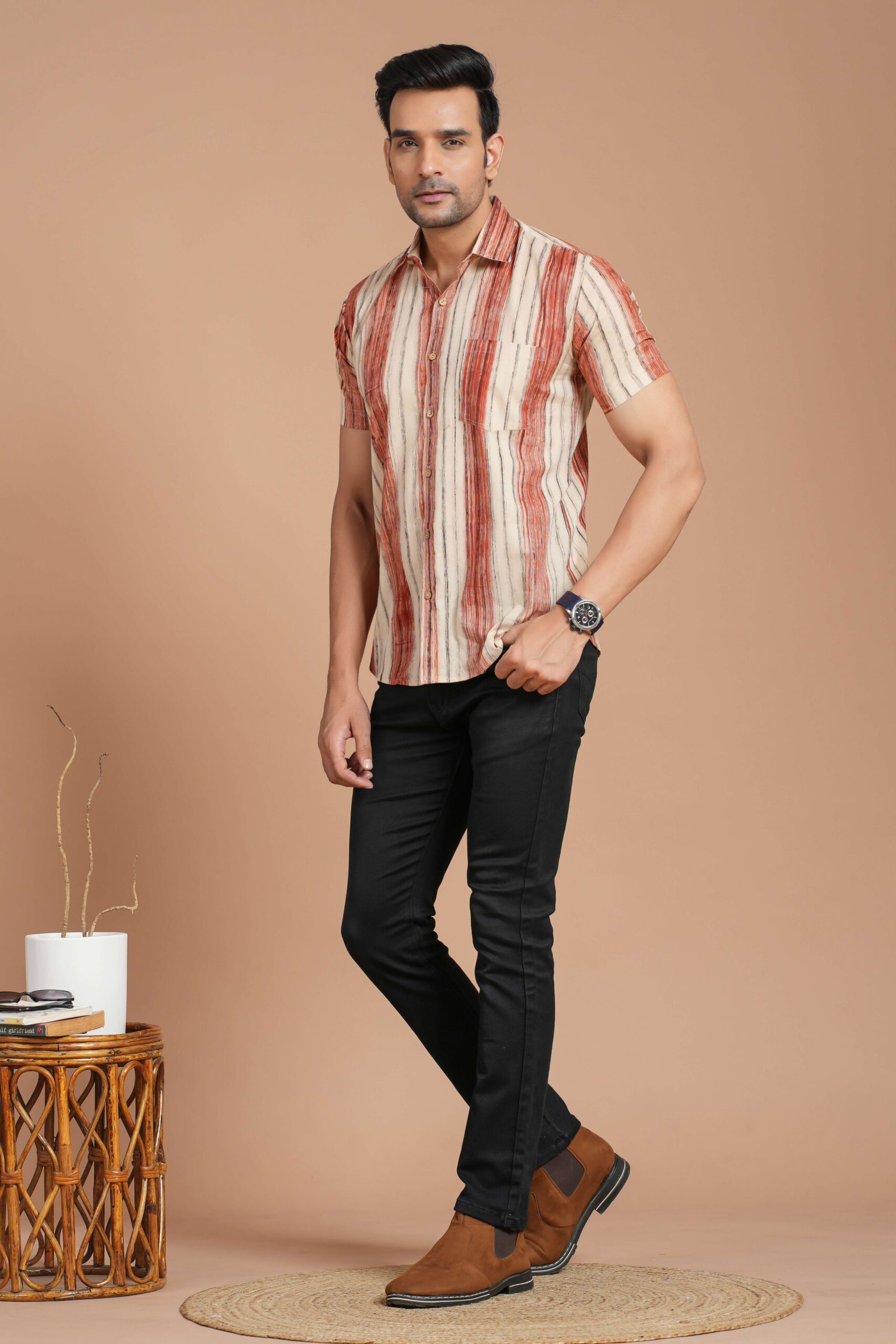 Men's Cotton Beige & Rust Striped Short-Sleeve Shirt ? Casual Summer Wear - Image 2