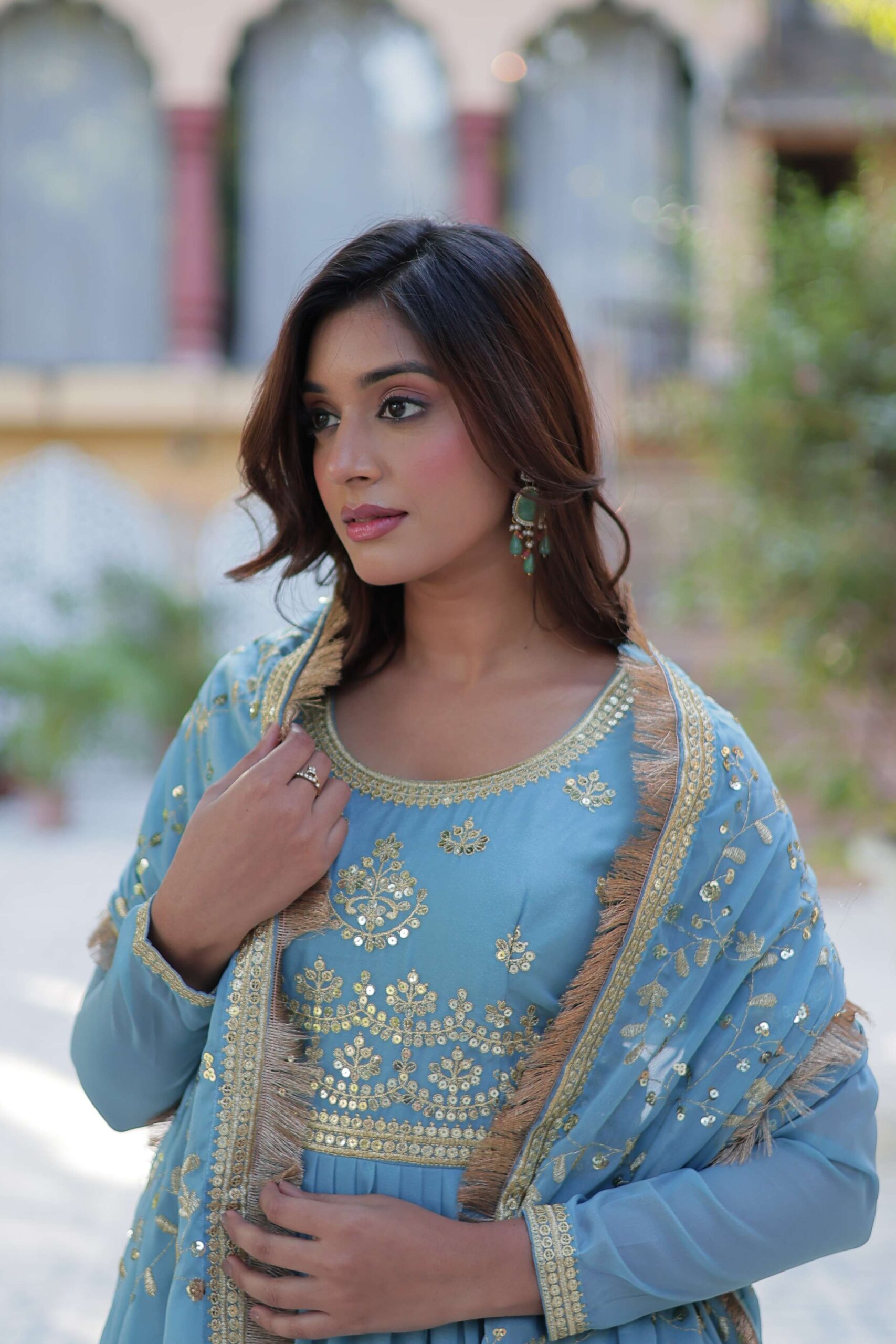 Sky Star Georgette Fully Flared Gown with Sequins Embroidered Dupatta & Lace Border - Image 8