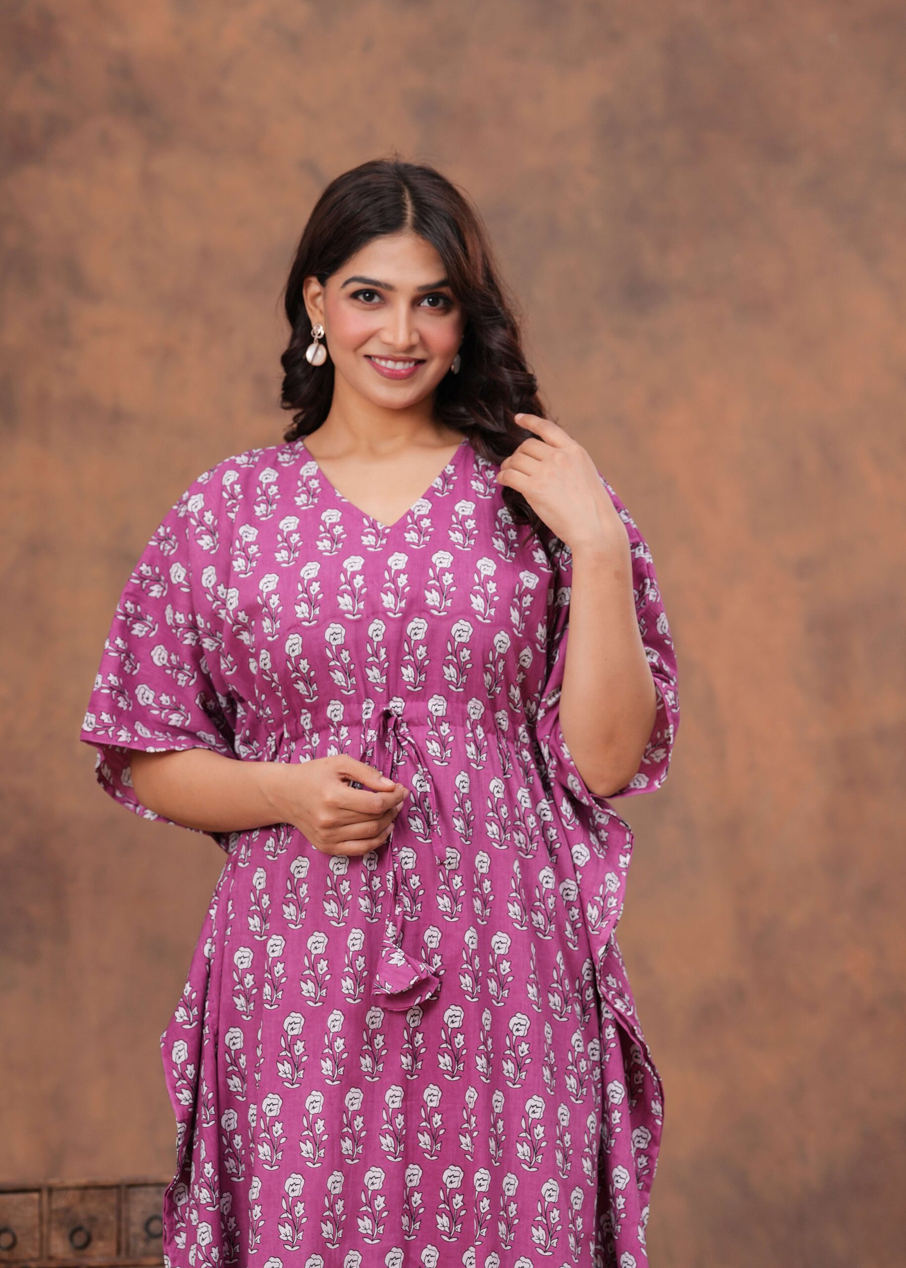 Women's Pink Cotton Floral Printed Kaftan Dress with Drawstring Waist - Image 4