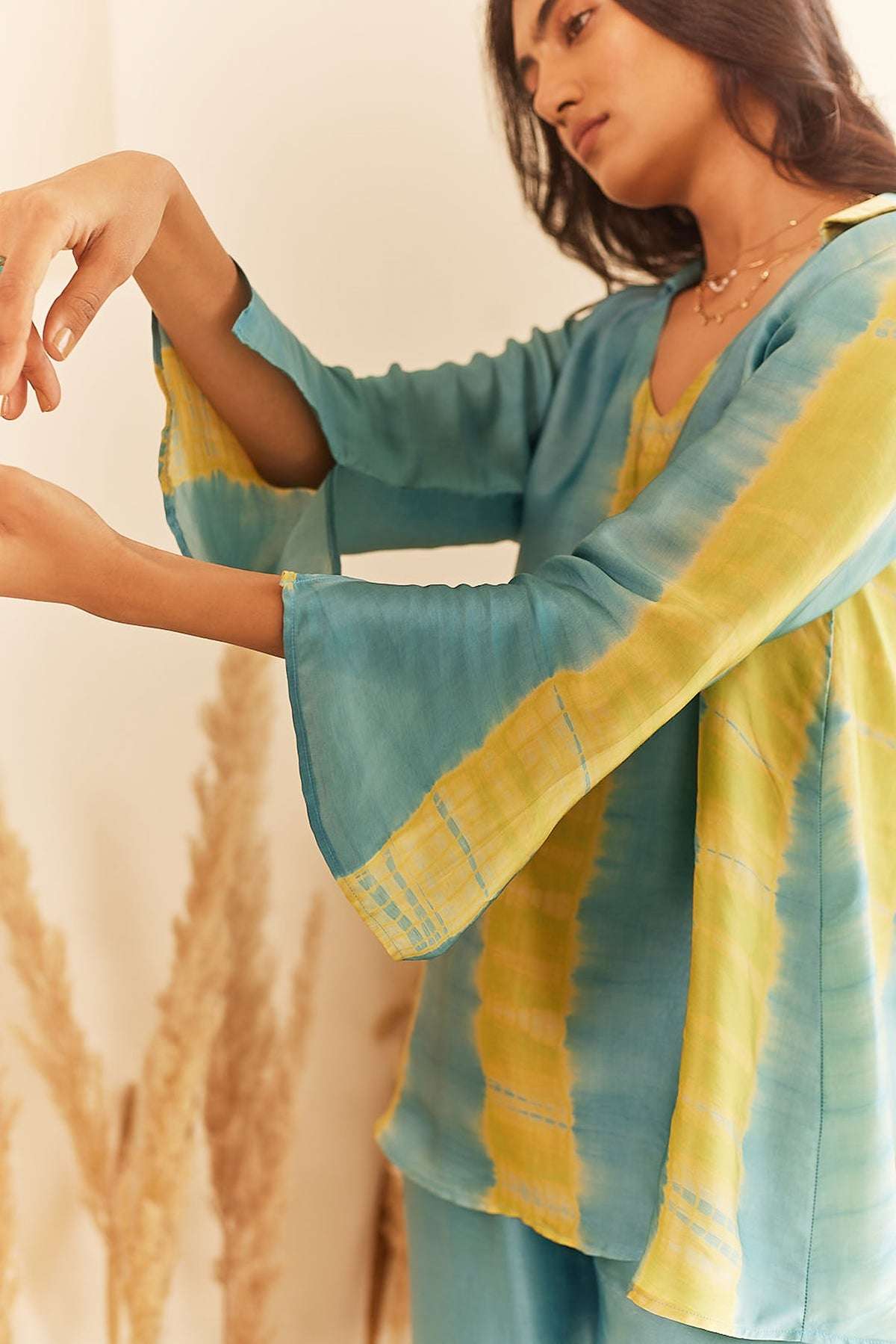 Women's Cotton Tie Dye Print Two-Piece Lounge Set Tunic with Wide-Leg Pants, Resort Wear ( Teal and Yellow ) - Image 3