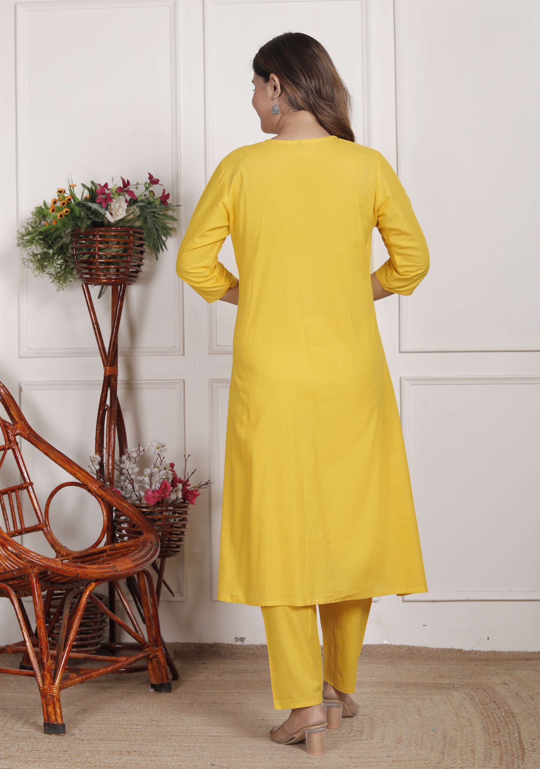 Women's Cotton Embroidered Anarkali Kurti With Pant (Yellow) - Image 6