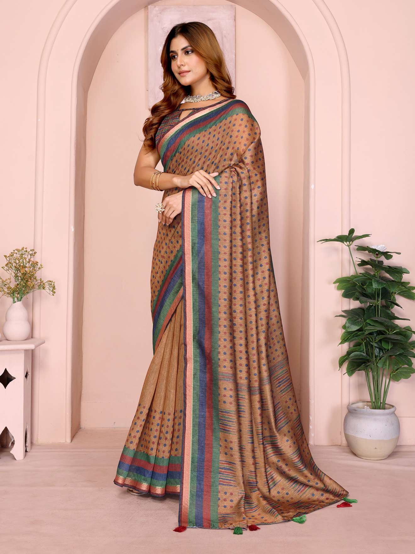 Mustard Brown Geometric Black Chanderi Saree ? Multicolor Prints & Striped Border with Tassels