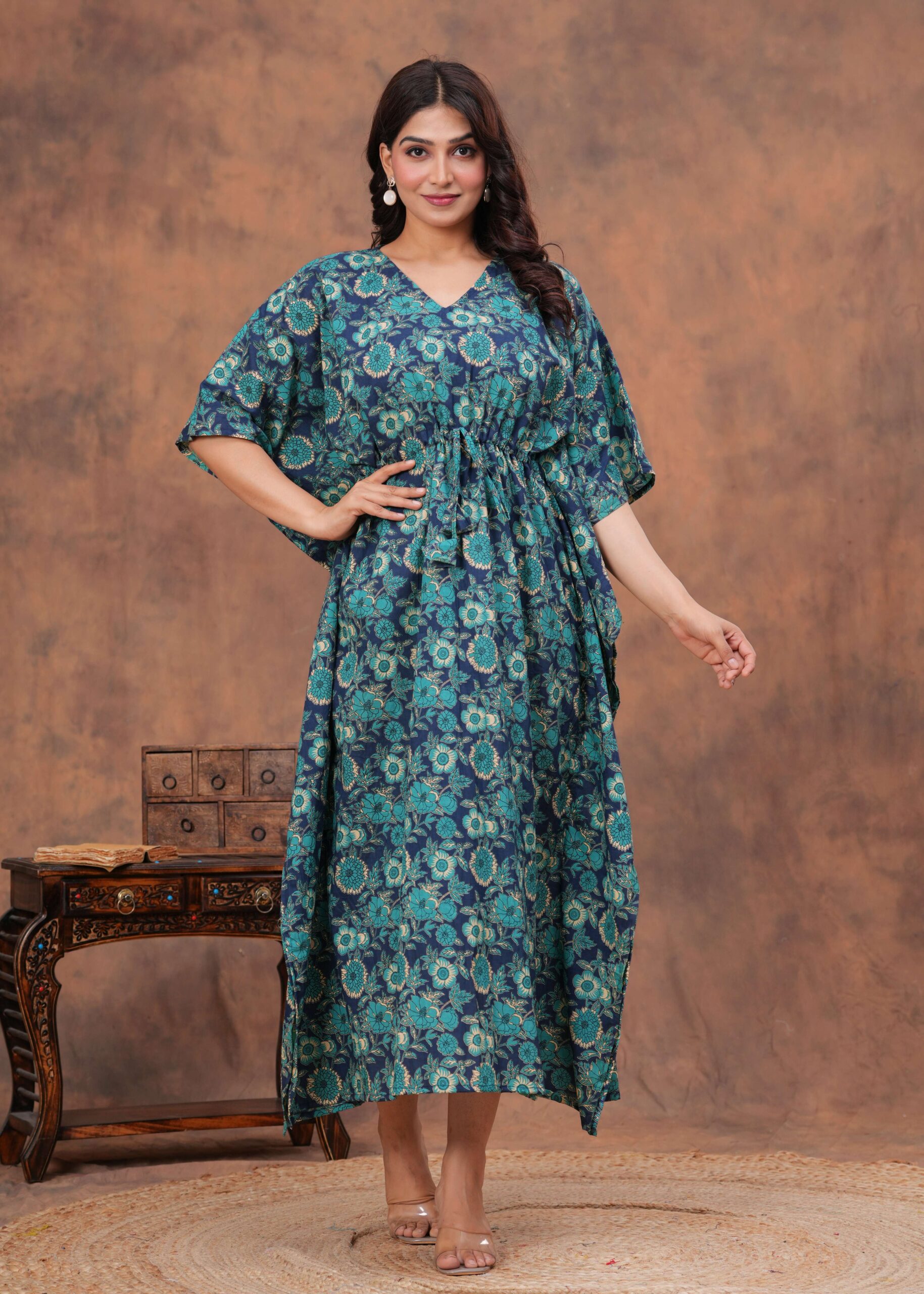 Women's Blue Cotton Floral Printed Kaftan Dress with Drawstring Waist - Image 3