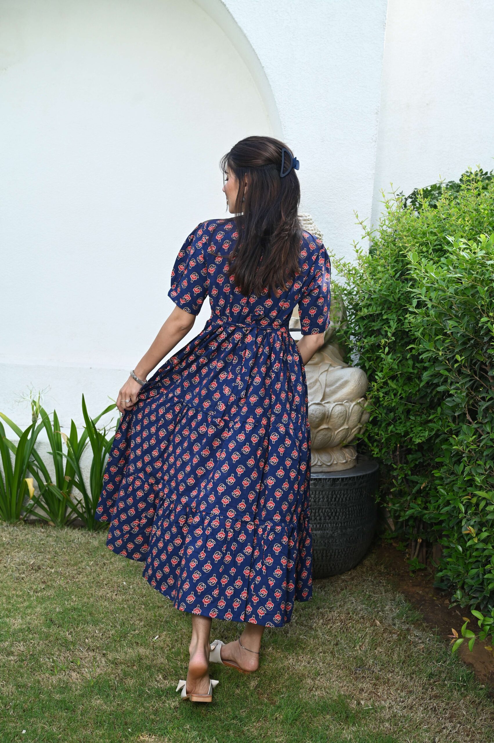 Navy Blue Floral Printed Cotton Anarkali Maxi Dress with Puff Sleeves Elegant Casual Wear - Image 2