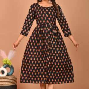 Black Floral Printed A-Line Midi Dress with 3/4th Sleeves ? Elegant Casual & Party Wear