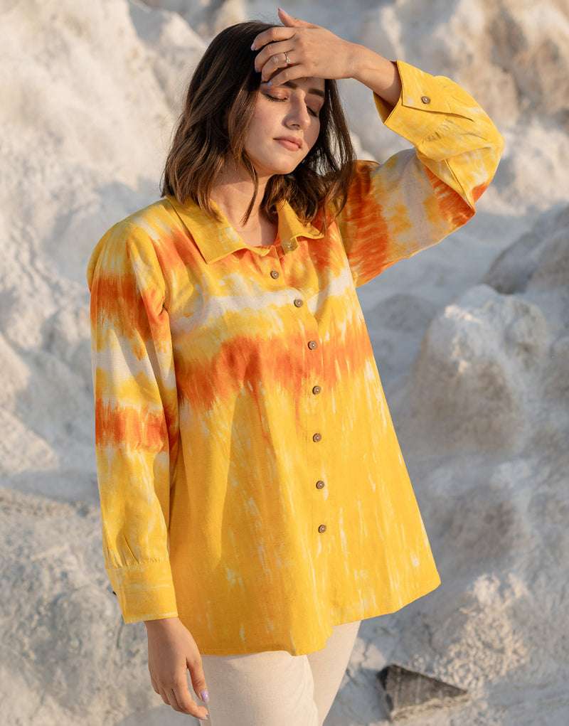 Women's Cotton Tie-Dye Print Straight Shirt With Wide Leg Palazzo Pant Casual Summer Collection Cord Set ( Yellow Beige ) - Image 6