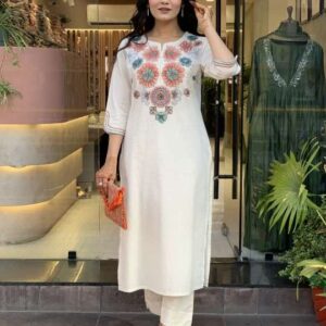 Women's Pure Cotton Embroidery Floral Printed Straight Coo-rd Set Kurti with Pant (White)