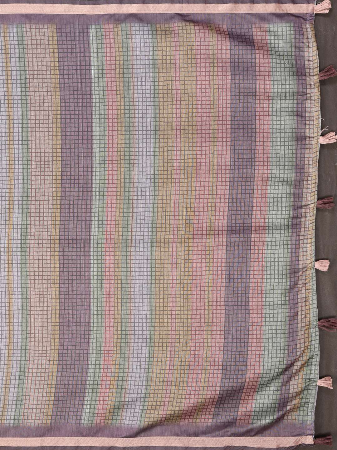 Pastel Multicolor Checked Black Chanderi Saree ? Lightweight Digital Prints with Tassel Border - Image 5