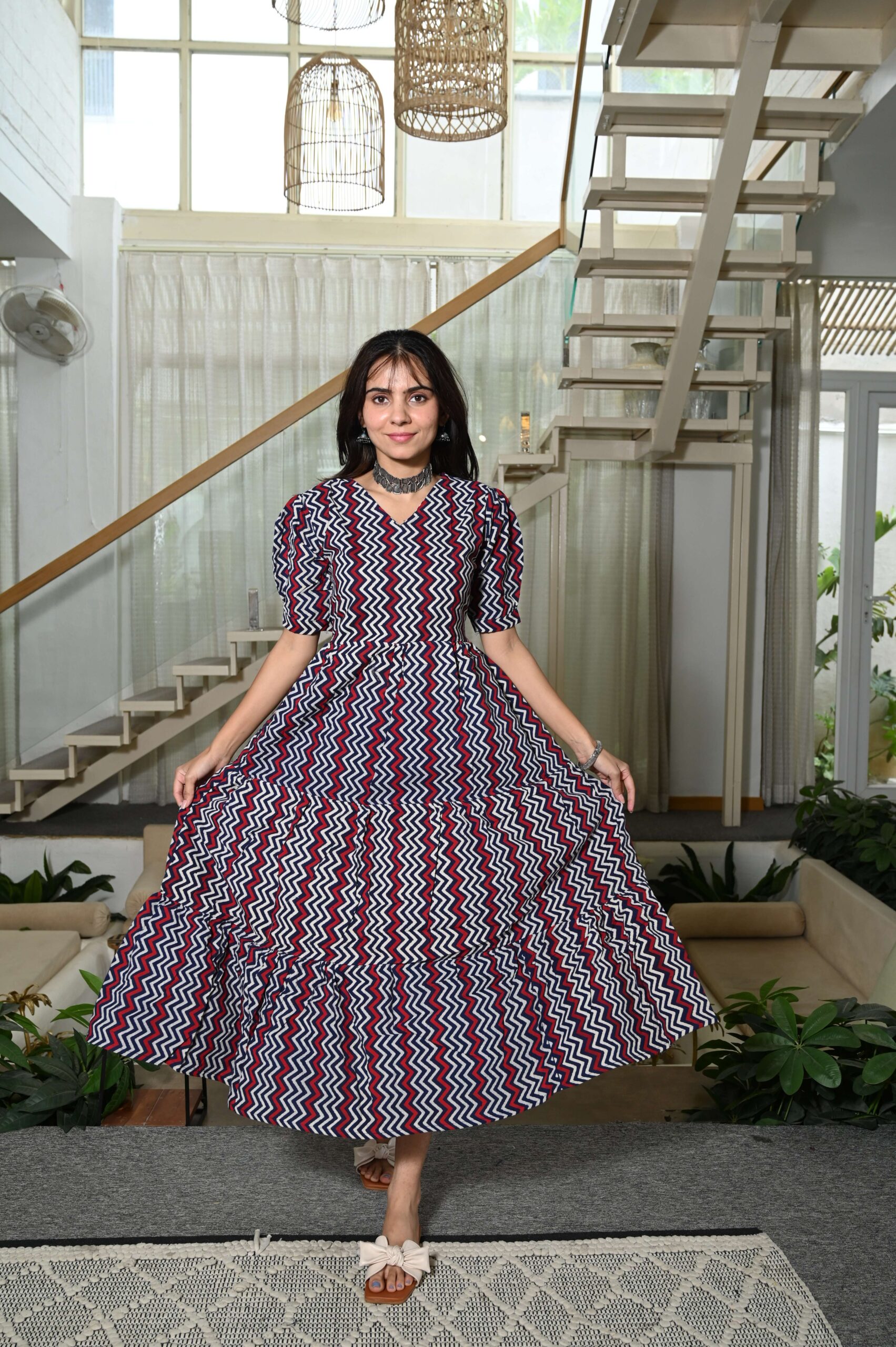 Multicolor Zigzag Printed Cotton Maxi Dress with Puff Sleeves Trendy Casual & Party Wear