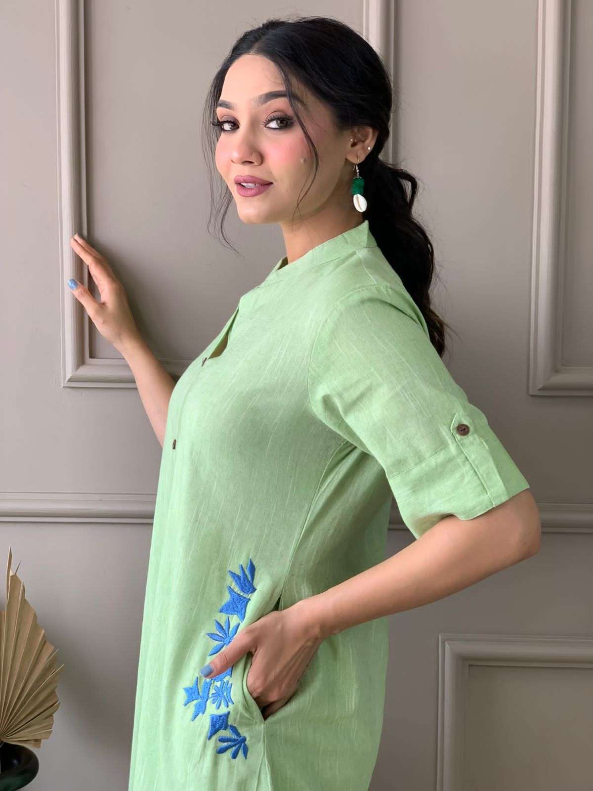 Women's Cotton Embroiderd Long A-Line Kurti with Palazzo - Image 4