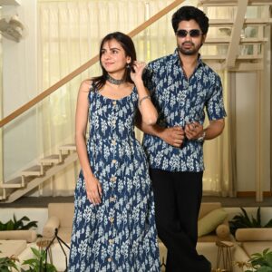 Couple Matching Outfit ? Chevron Print Cotton Midi Dress & Shirt Set, Navy Blue And White, Casual Ethnic Wear