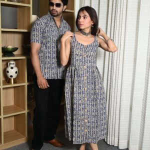 Couple Matching Outfit ? Blue Cotton Printed Midi Dress & Shirt Set, Casual Summer Wear