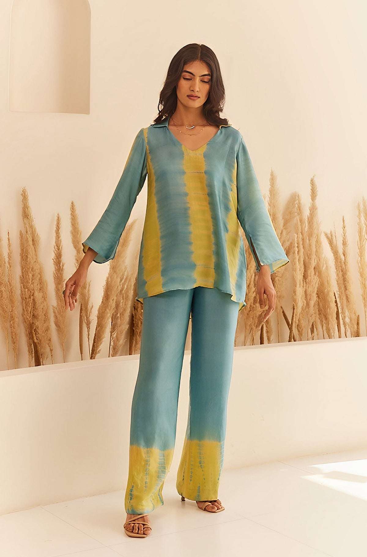 Women's Cotton Tie Dye Print Two-Piece Lounge Set Tunic with Wide-Leg Pants, Resort Wear ( Teal and Yellow ) - Image 5