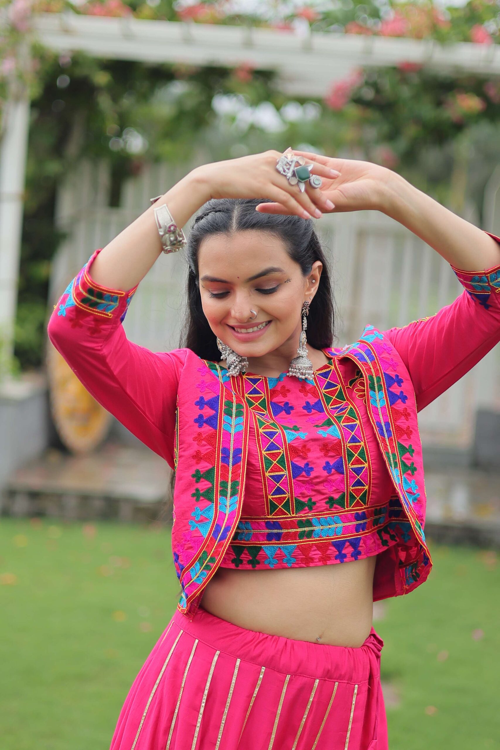 Vibrant Roman Fabric Navratri Lehenga Choli Set with Koti Blouse - Image 3