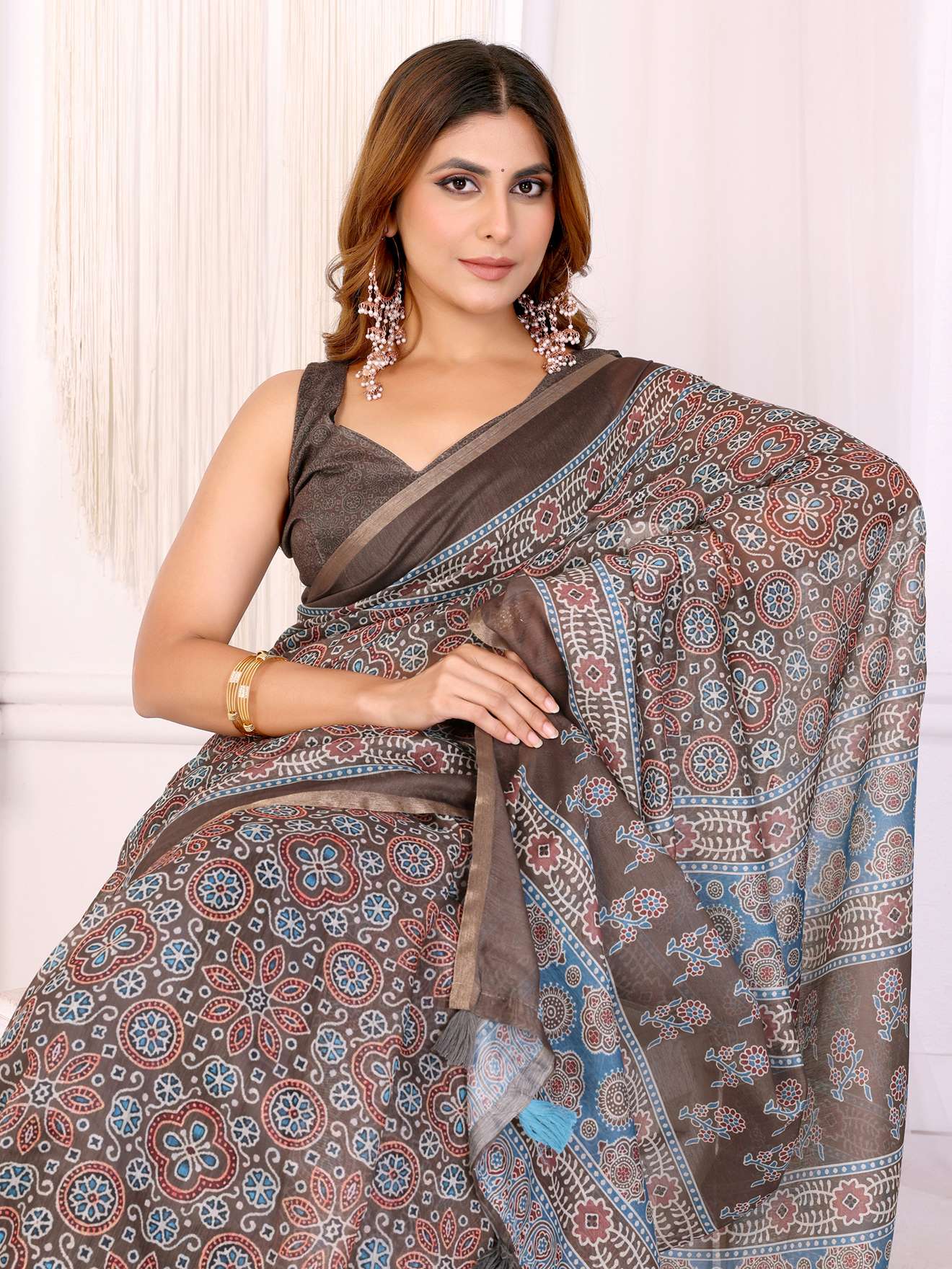 Elegant Brown Chanderi Saree with Ethnic Floral & Block Print ? Timeless Char - Image 2