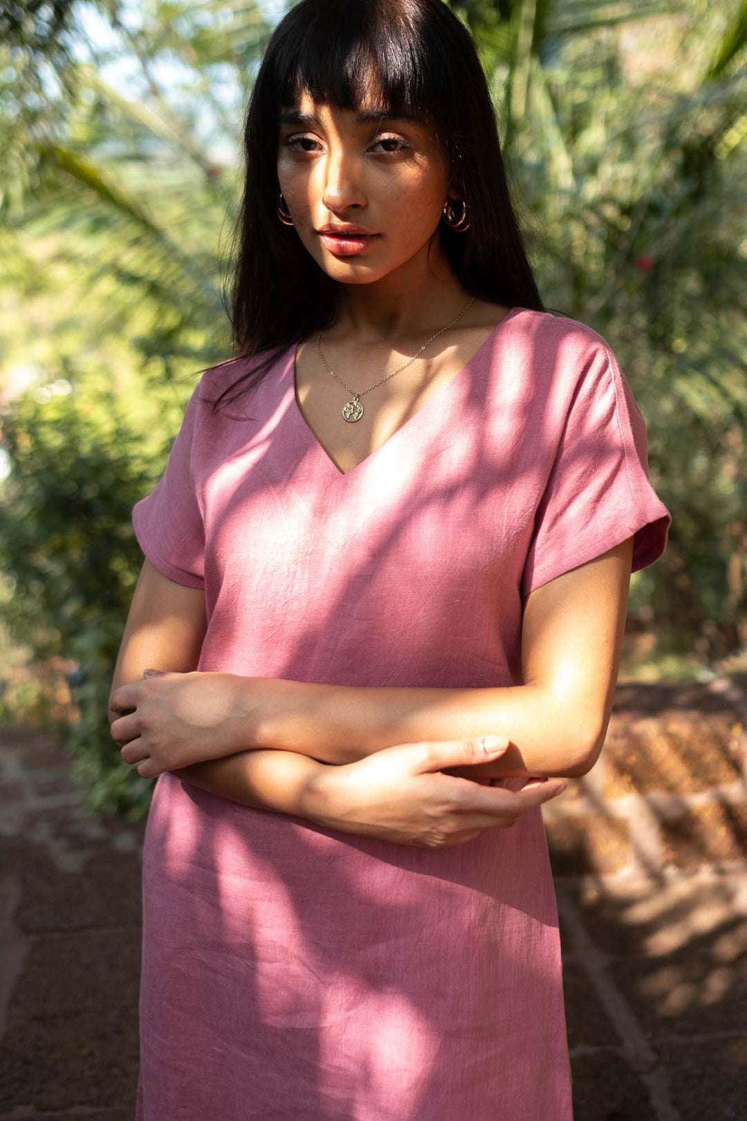 Women's Cotton Sweet Shift Tunic Short Dress half Sleeves V Neck Causal Mini Dress with Pockets ( Purple ) - Image 3