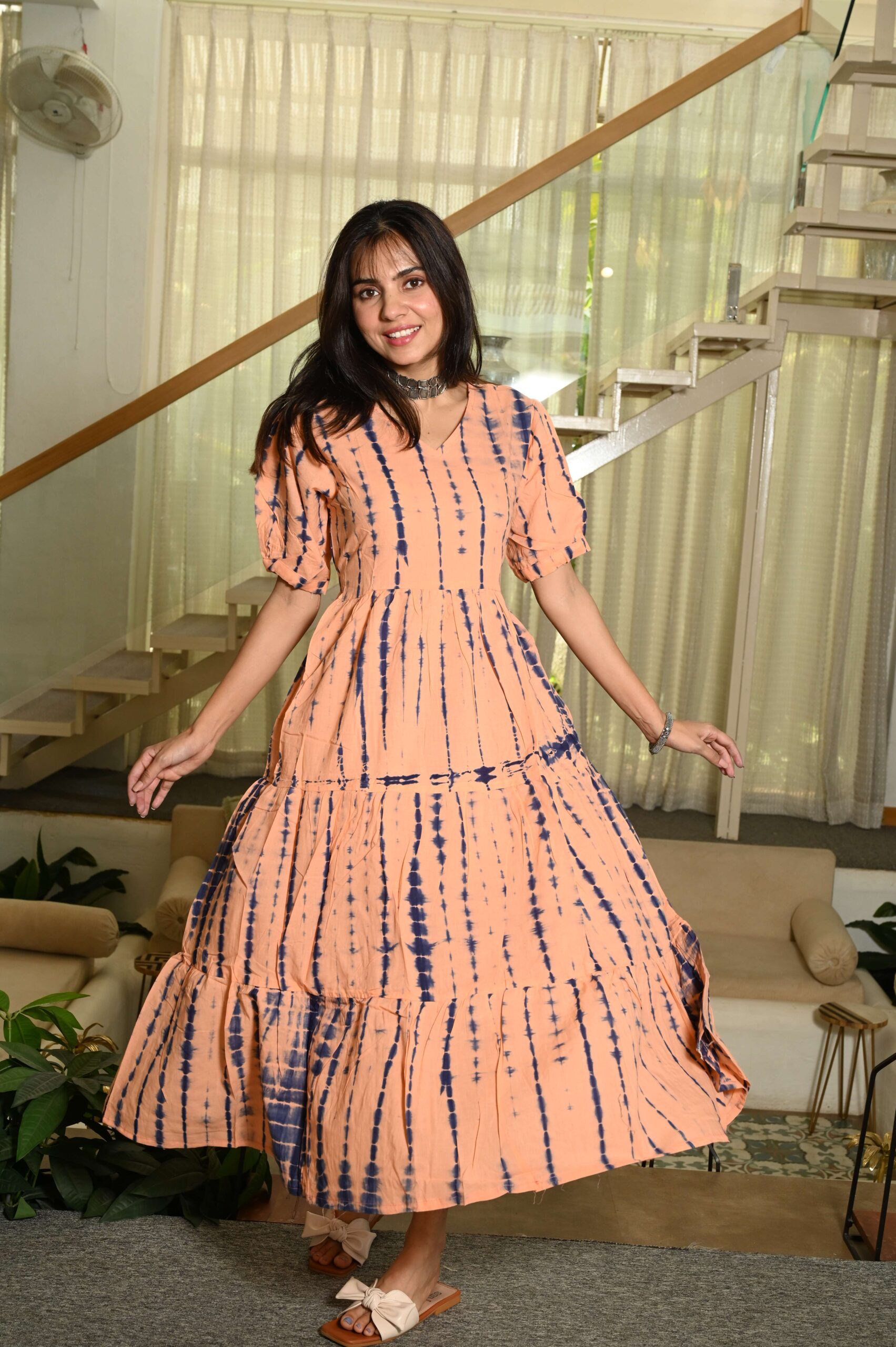 Peach Printed Cotton Anarkali Maxi Dress with Puff Sleeves Elegant Casual Wear - Image 2