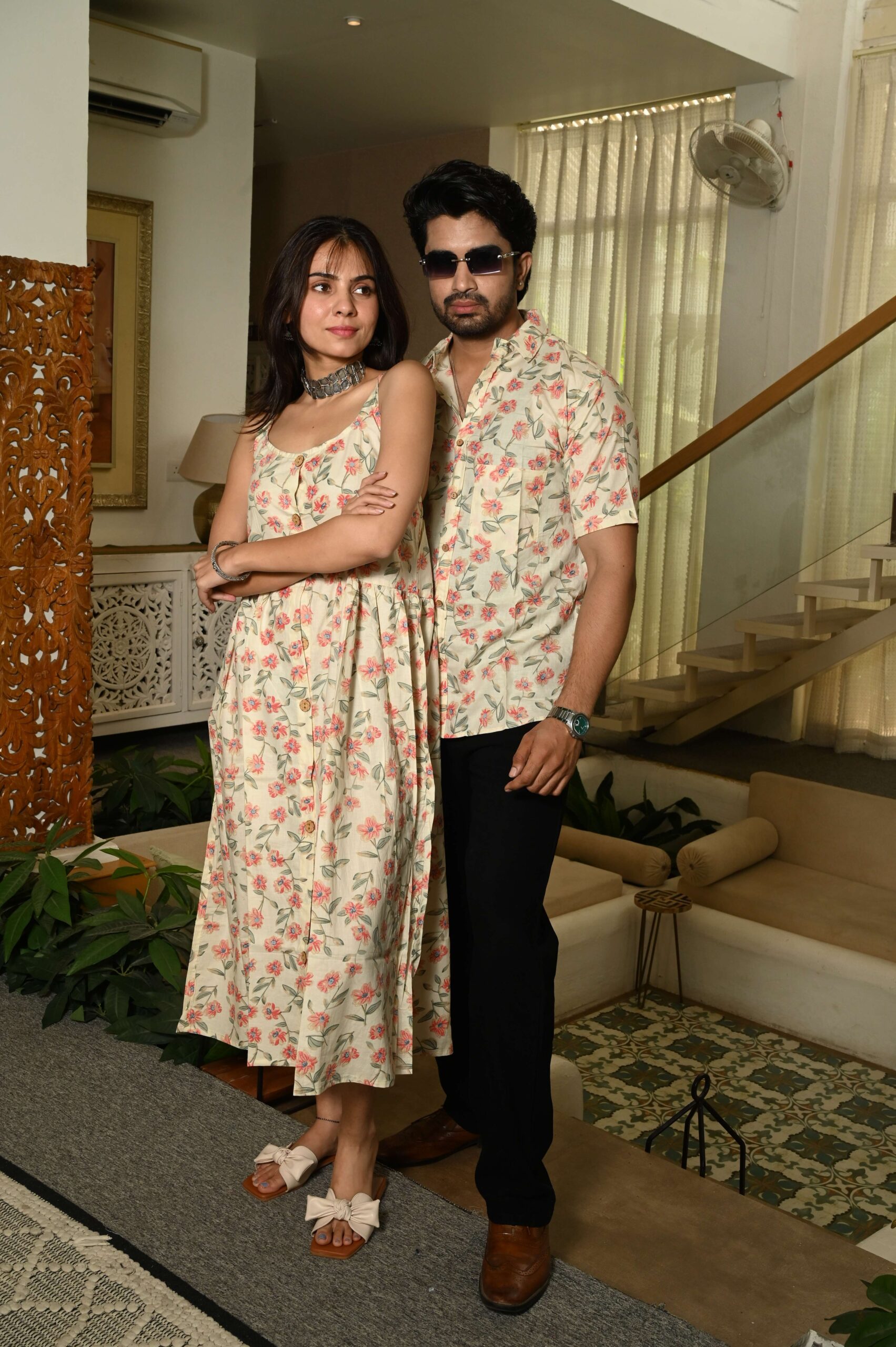 Couple Matching Outfit ? Cream Cotton Floral Printed Midi Dress & Shirt Set, Casual Summer Wear