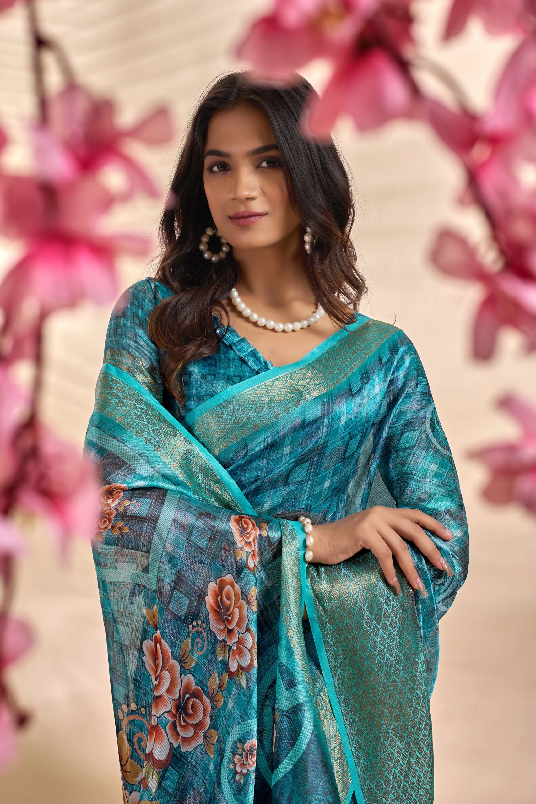 Teal Blue Soft Silk Saree with Floral Digital Pallu & Zari Border - Image 4