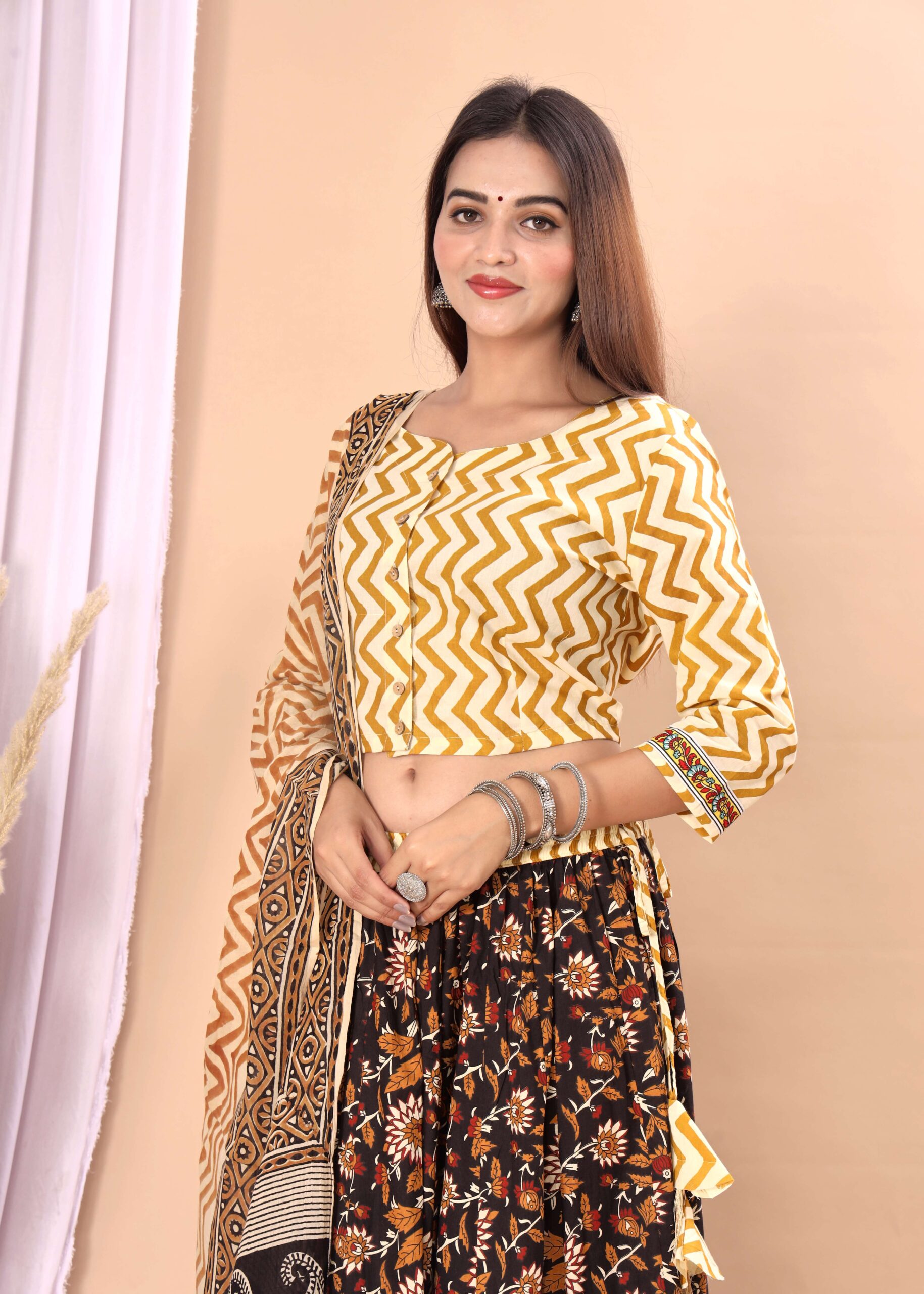 Women’s Mustard Yellow Cotton Printed Lehenga Choli Dupatta Set - Image 4